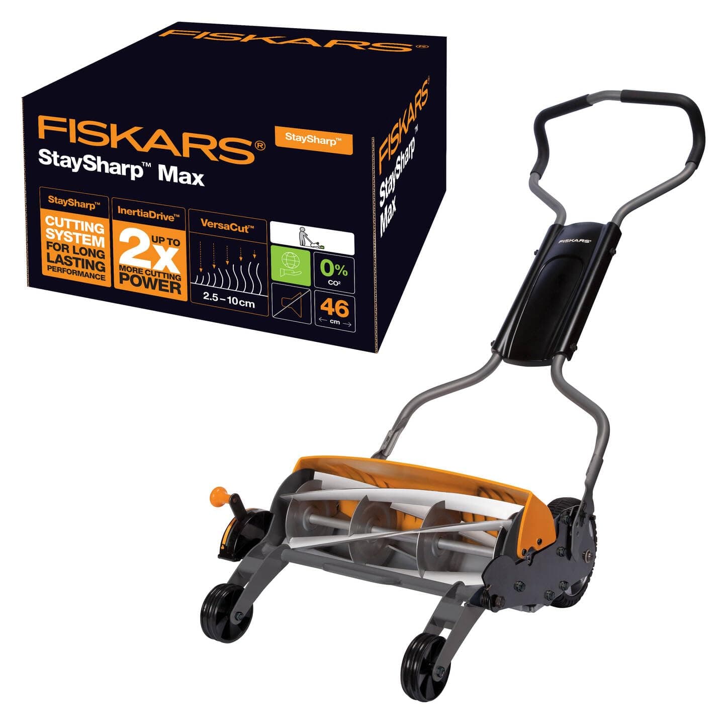 Fiskars Tondeuse à gazon manuelle, Tondeuse à cylindre avec système de coupe sans frottement des lames, Largeur de coupe: 46 cm, Noir/Orange/Argenté, StaySharp Max, 1000591
