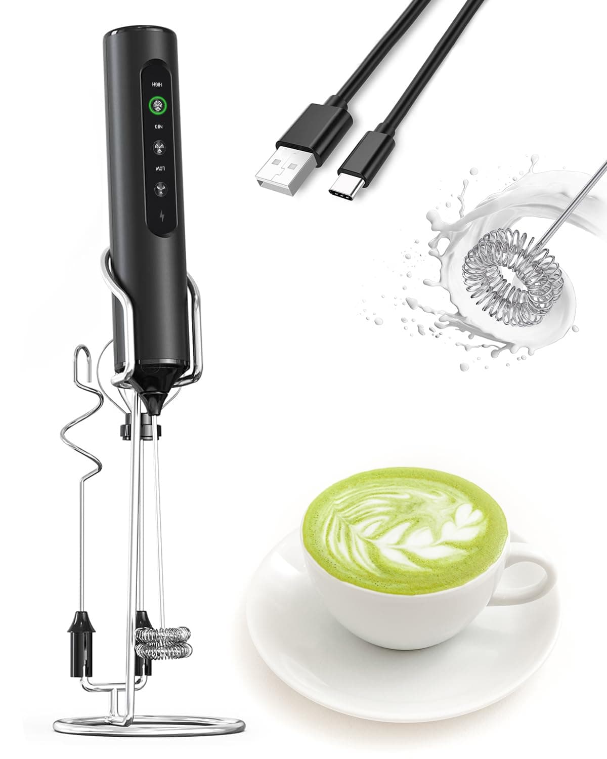 Frullatore Elettrico per Latte 3-in-1 con Supporto, Display LED Ricaricabile e 3 Velocità - Frullino Portatile per Caffè, Frullati Proteici, Cottura - Crea Schiuma per Latte, Cappuccino, Matcha - Nero
