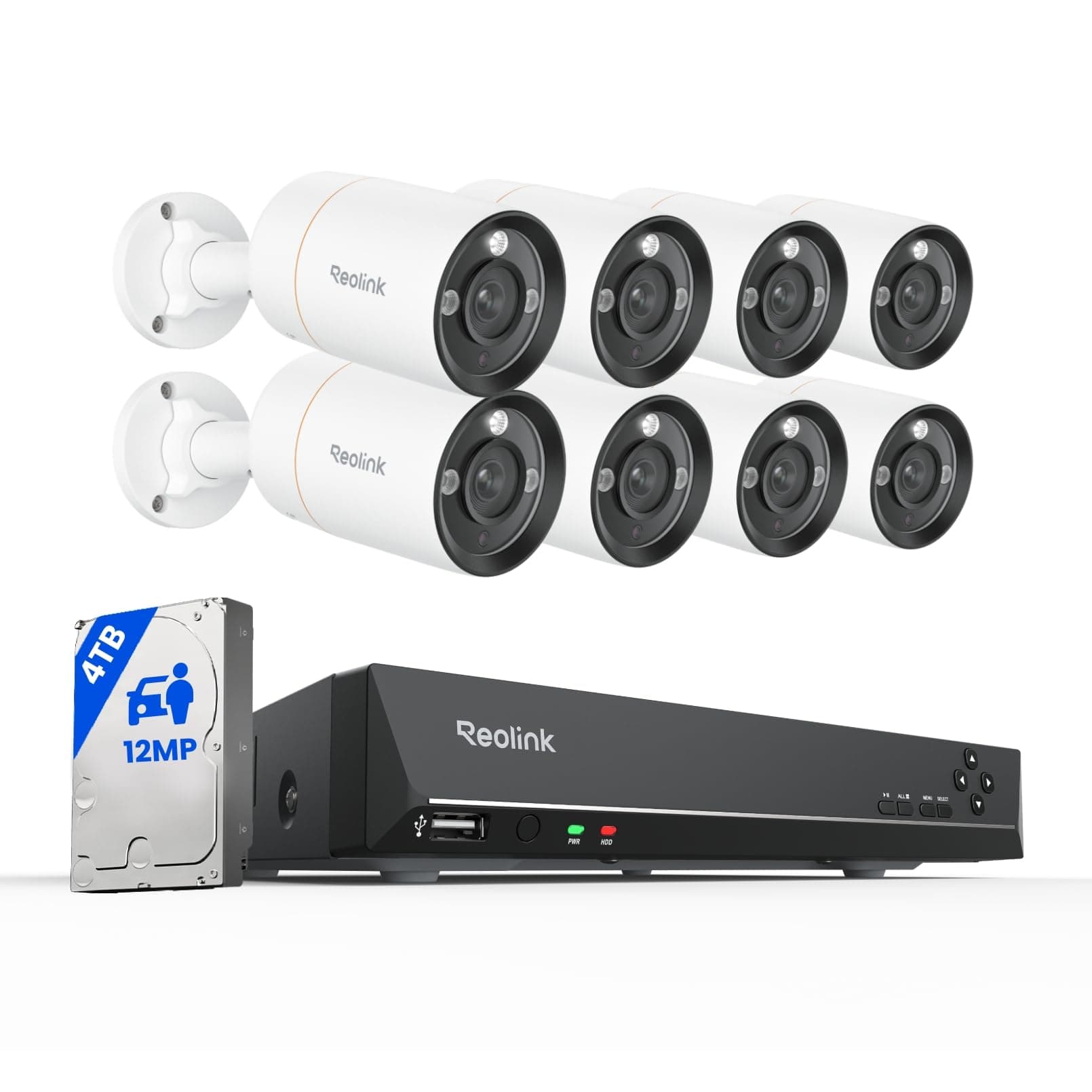Reolink 12MP Kit Cámaras de Vigilancia PoE, 8 cámaras de Seguridad H.265 con 16CH NVR con 4TB HDD, Detección Inteligente, Audio de 2 Via, Visión Nocturna en Color, Grabación 24/7, RLK16-1200B8-A