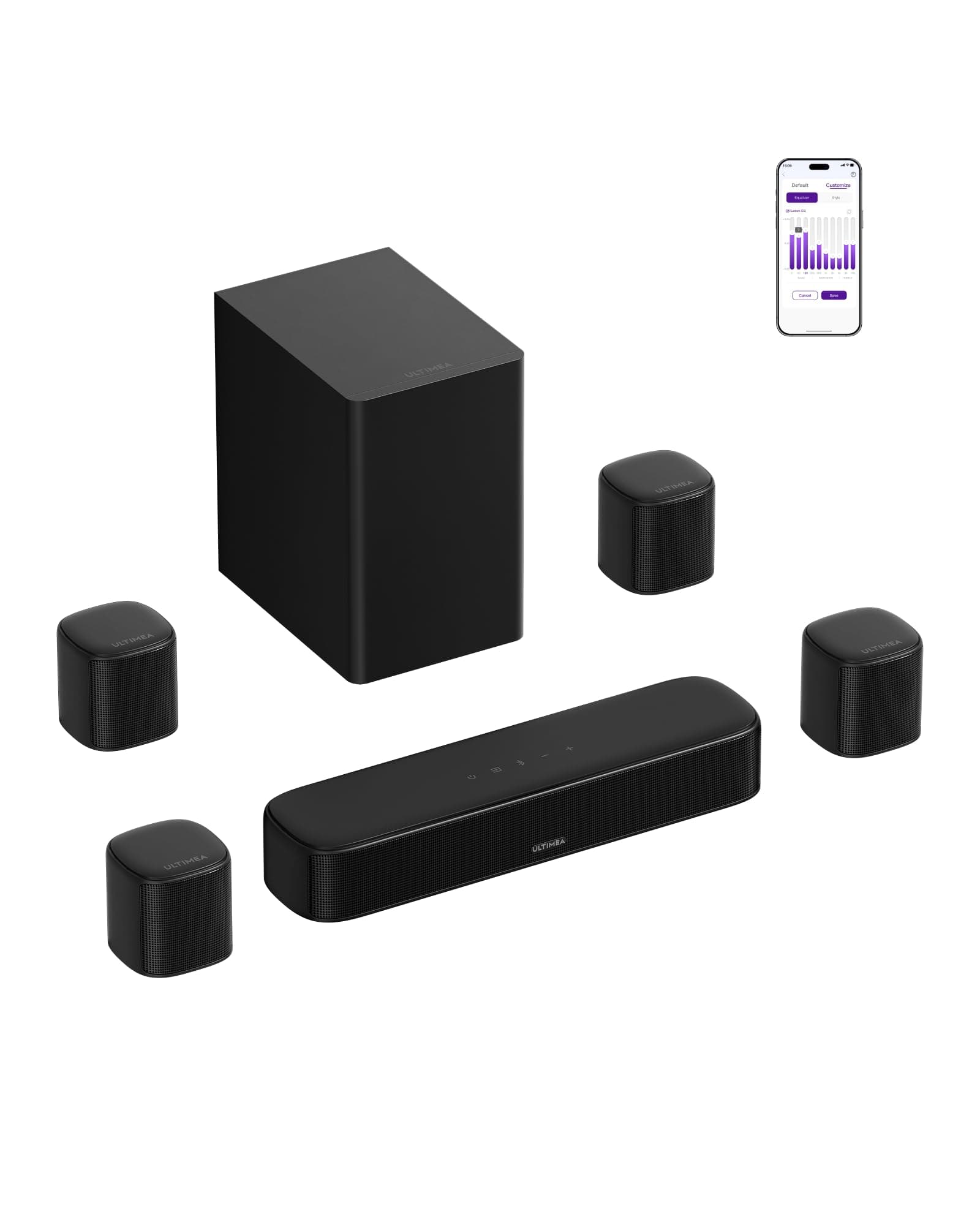 ULTIMEA Barra de Sonido 7.1 Canales con Sonido Envolvente Virtual, 4 Altavoces Surround y Subwoofer, 330W Potencia Máxima, Sistema Home Cinema, HDMI eARC, Control por App, Bluetooth 6.0, Aura A40 Pro