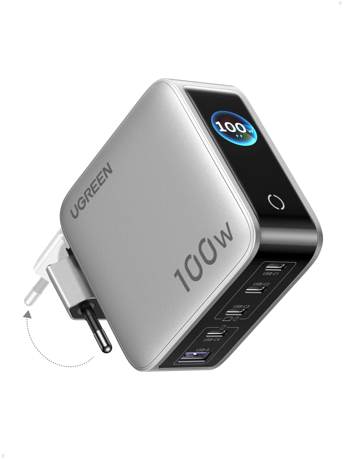 UGREEN Nexode Pro 100W Chargeur USB C Rapide 5 Ports avec Écran TFT GaN II Tech Compatible avec iPhone 17 Pro Max Air 16 15 14 13 Galaxy S26 S25 S24 Pixel 9 8 iPad MacBook Neo Air Pro M5 M4 M3 M2 M1