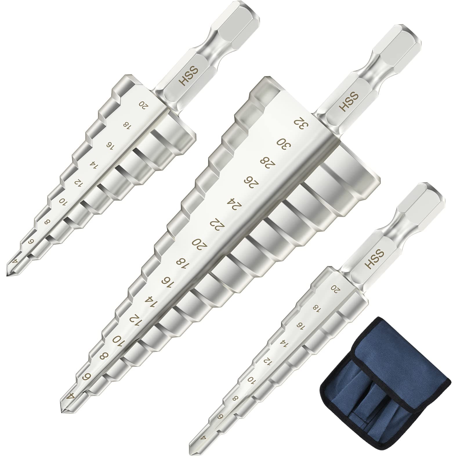 flintronic Punte Coniche, Fresa Conica Trapano a Gradini, HSS Titanium, Misure 4-12/4-20/4-32, Buco Cutter a Scalini per Eseguire Foro In Metallo Acciaio Ottone Legno Plastica Ferro