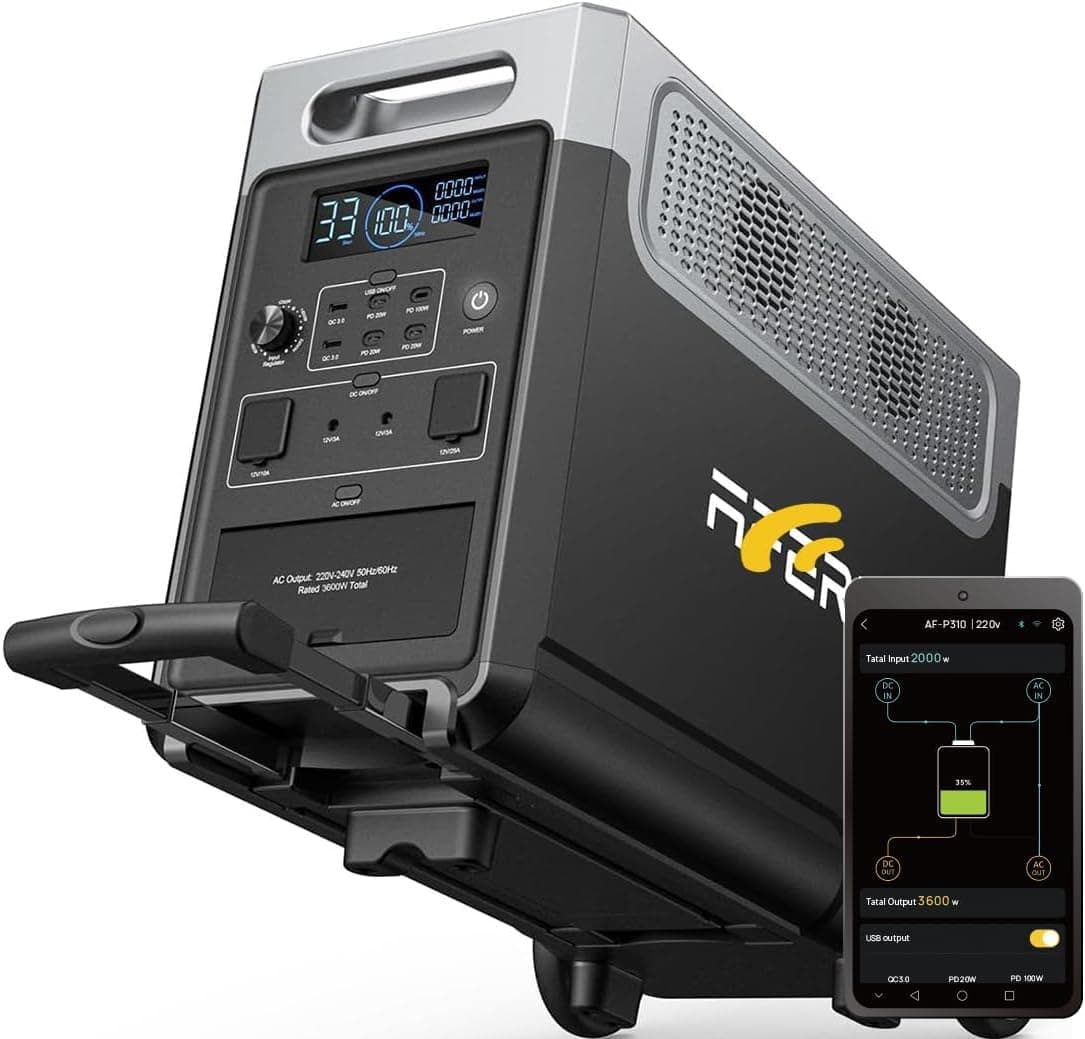AFERIY Generador Eléctrico Portátil 3600W 3840Wh, Control a través de APP, Extensible hasta 11520Wh, 220V-240V, Función UPS, Generador Solar Portátil para Camping/Viaje/Fallo Eléctrico