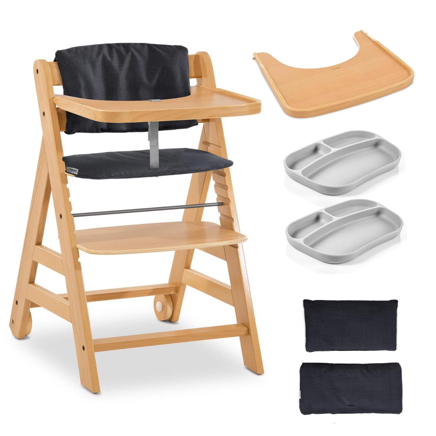hauck Alpha Plus Move Set de Tronas de Bebe de Madera con Bandeja - Cojín y 2 Platos de Silicona - Silla Evolutiva con Ruedas - Natur/Charcoal