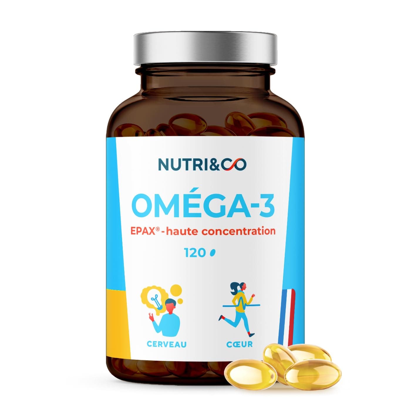 NUTRI&CO Omega 3 Huile de Poisson EPAX® EPA DHA | Cerveau Vision | 120 Caps | Haute Concentration & Vitamine E | Issu de Pêche Durable | Anti Oxydation | Made in France