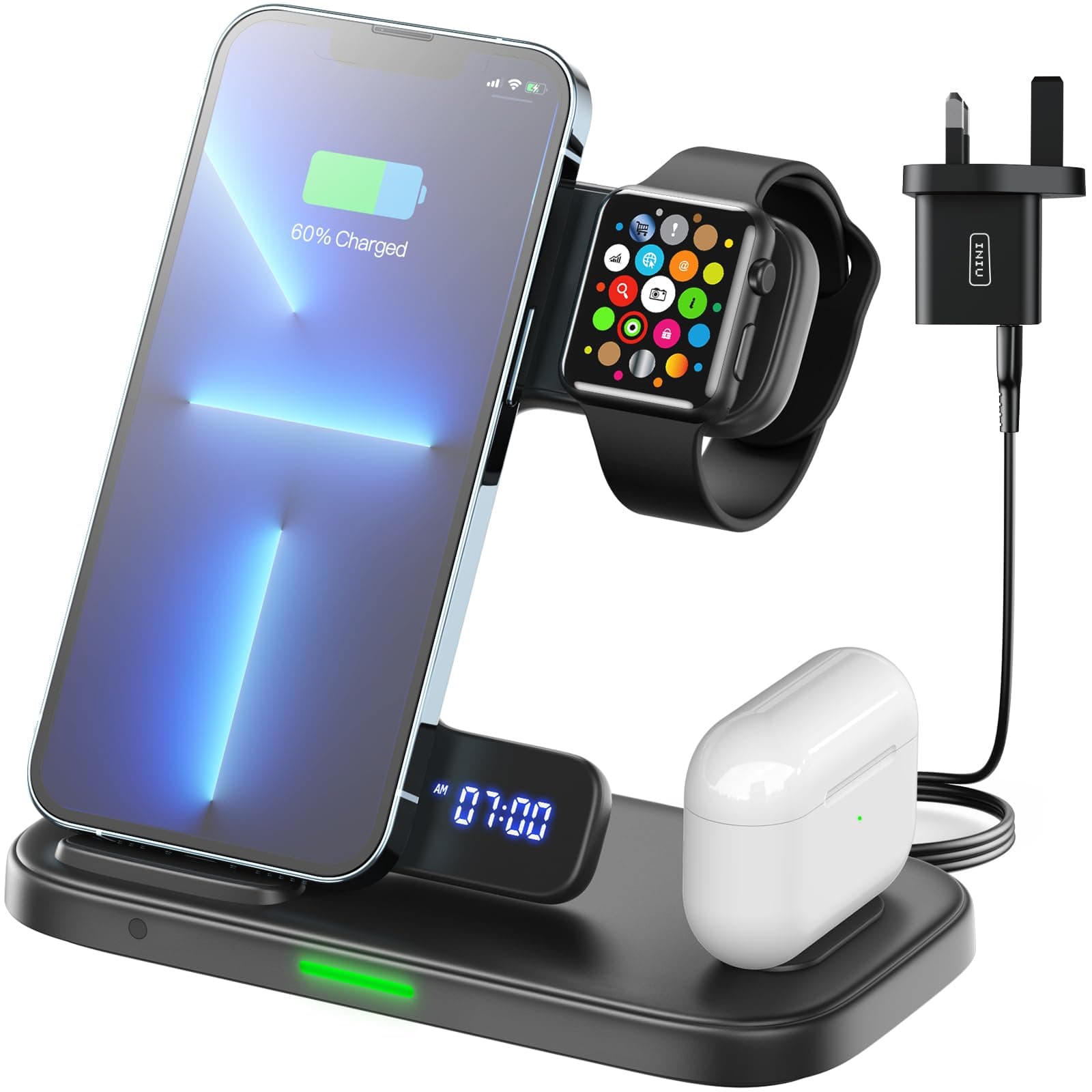 INIU Stazione di Ricarica Apple, 15W Qi Caricatore Wireless 3 in 1 per iPhone, Apple Watch e AirPods, Dock Station Apple con Cavo e Adattatore Inclusi