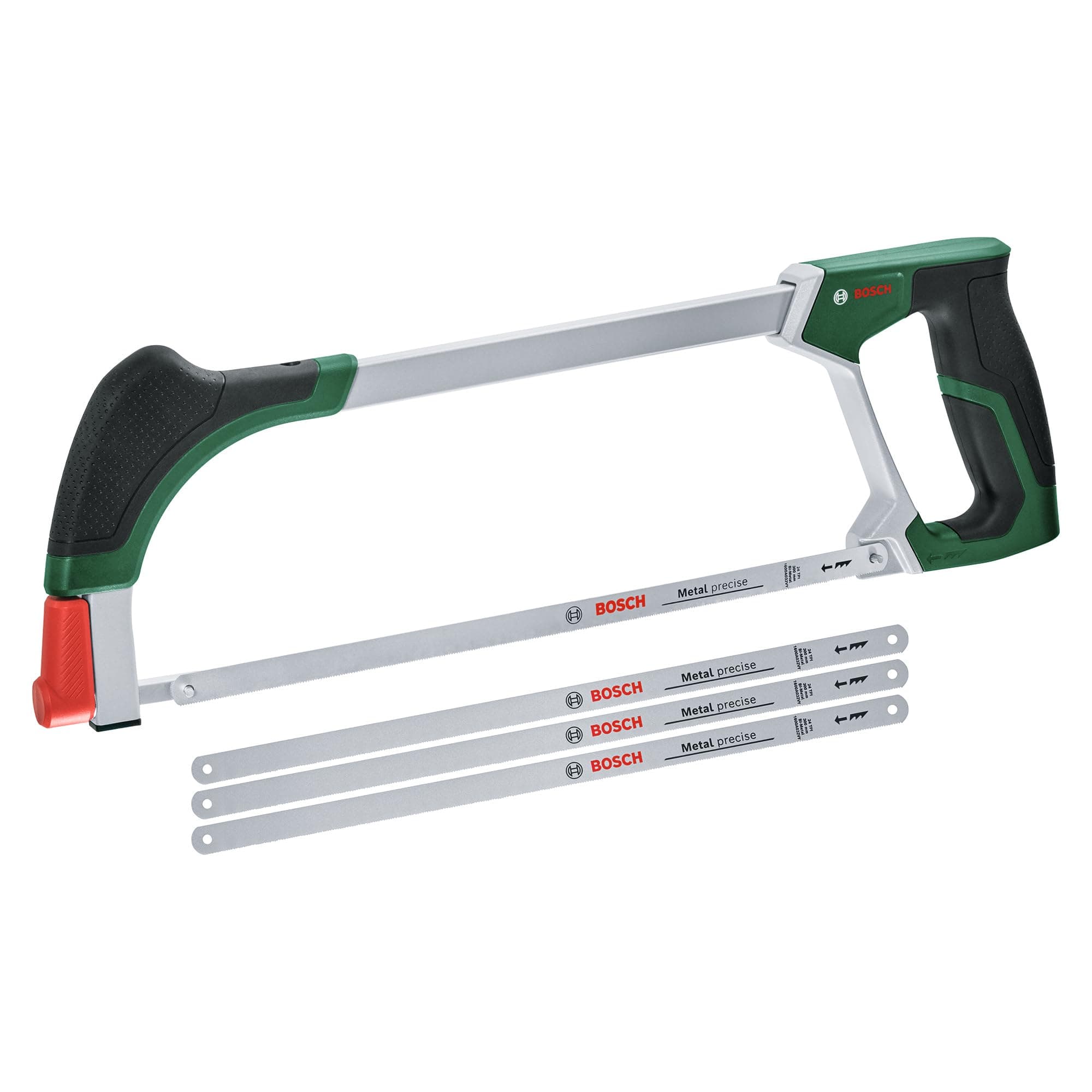 Bosch Bügelsäge 300mm + 3 Extra-Sägeblätter (Bügelsäge mit 4 langlebigen Bi-Metall Sägeblättern für Metall, Holz, Kunststoff und mehr; Einfacher Wechselmechanismus; Softgrip) - Amazon Edition