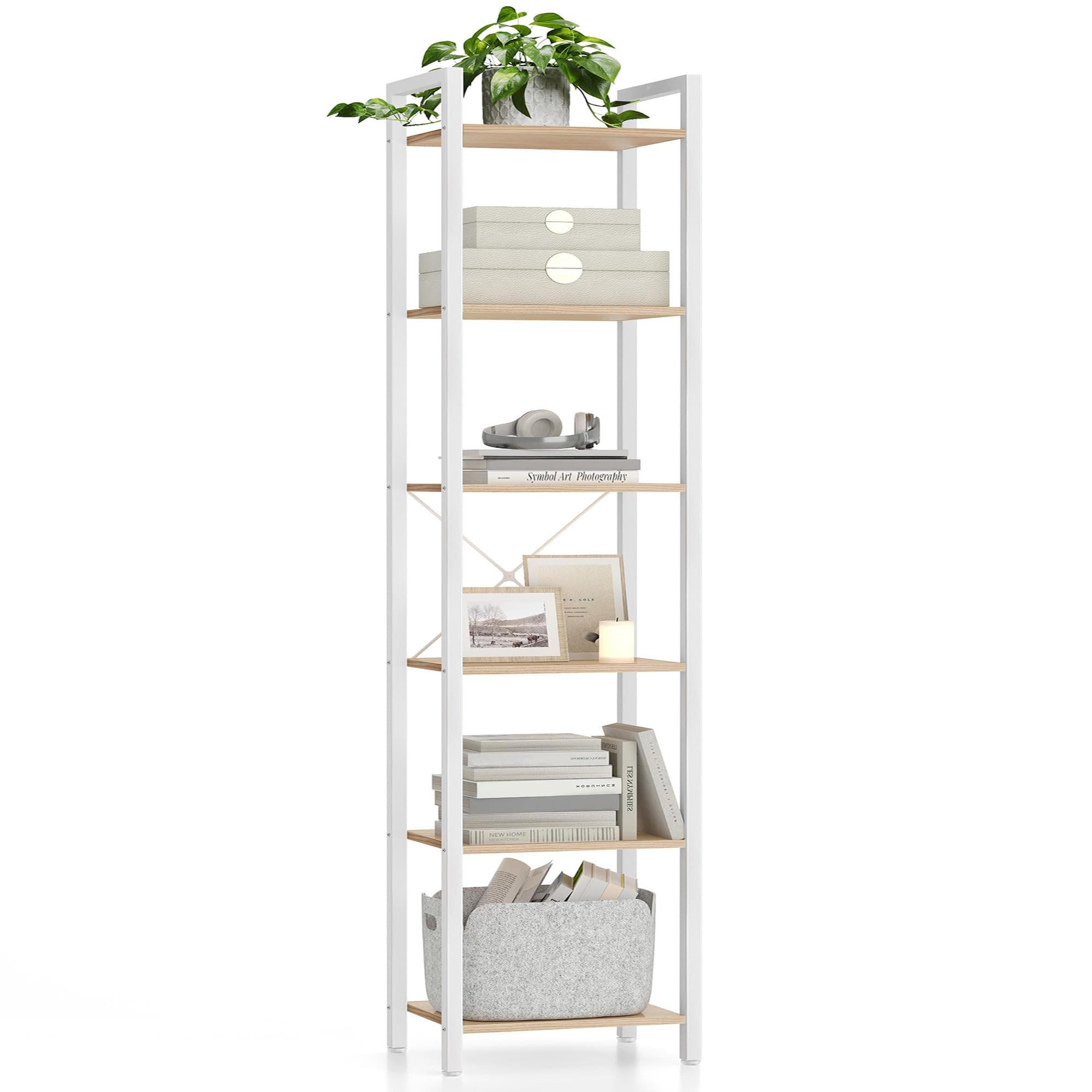 VASAGLE Regal, Bücherregal, Standregal, DVD-Regal, mit 6 Ebenen, Büroregal, offene Ablagen, für Büro, Wohnzimmer, Schlafzimmer, Küche, 30 x 40 x 186 cm, naturbeige-mattweiß LLS101N01