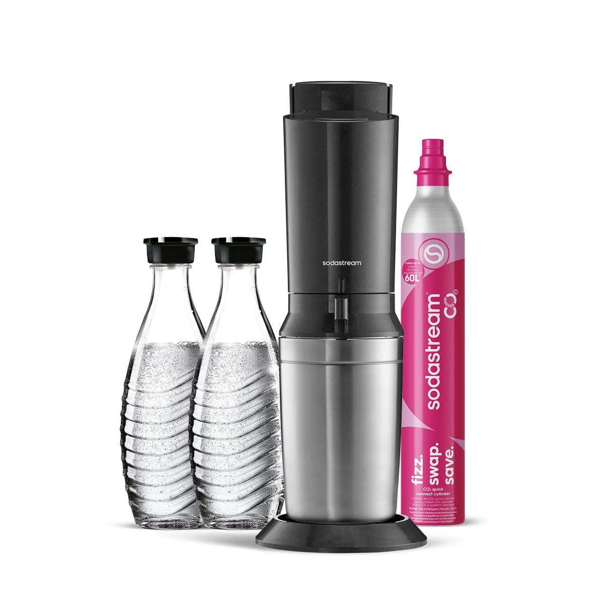 SodaStream – Gasatore d’acqua Crystal, sistema CO₂ Quick Connect, include cilindro di gas da 60 L, 2 bottiglie in vetro da 0,7 L, ecologico e riduce i rifiuti di plastica, colore nero.