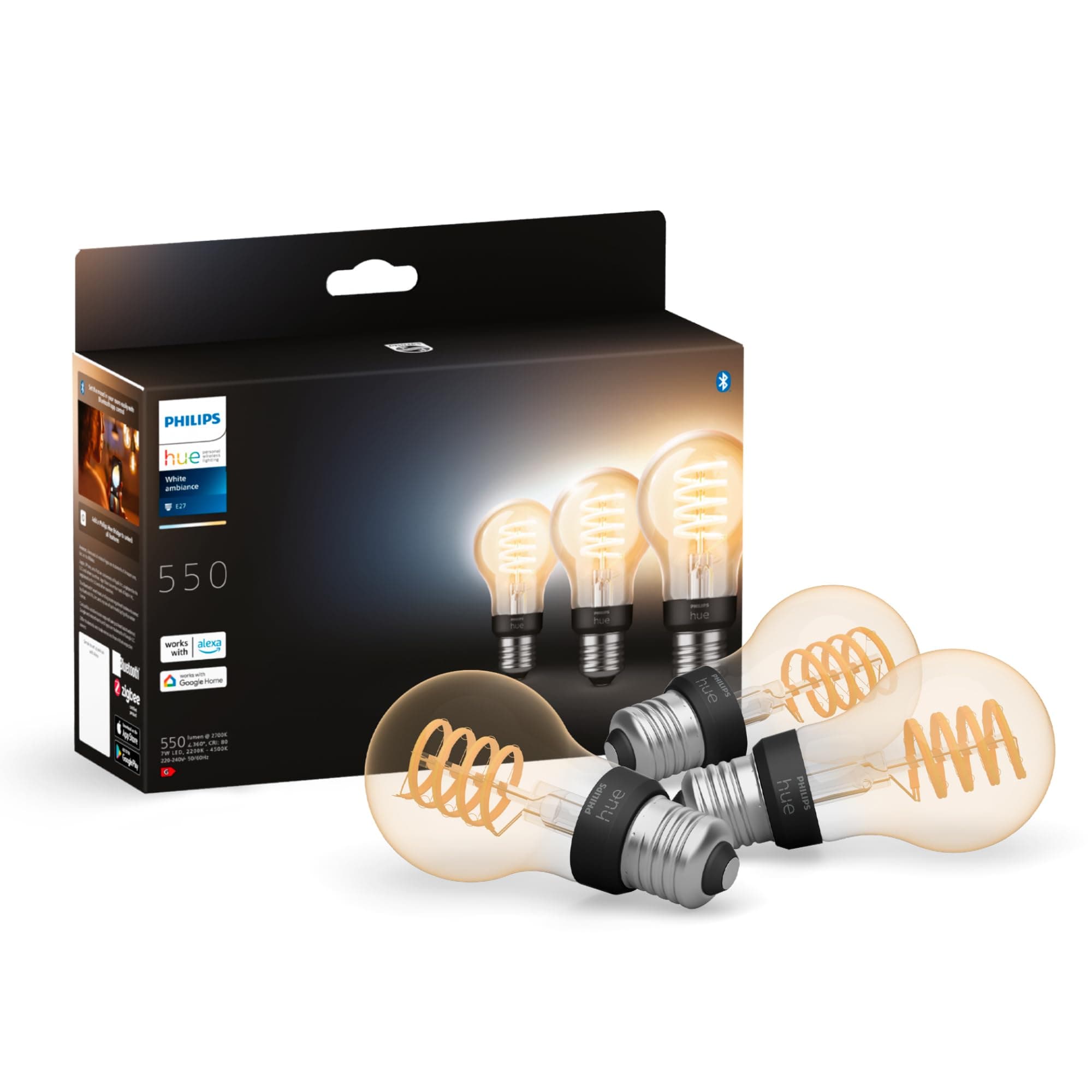 Philips Hue White Ambience E27 Standard Filament, 7W, dimmbar, warm- bis kühlweißes Licht, kompatibel mit Amazon Alexa (Echo, Echo Dot), 3er Pack