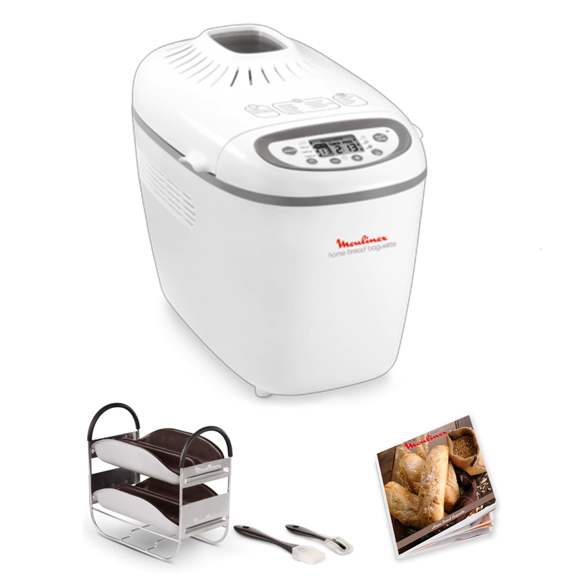 Moulinex Home Bread Baguette Machine à petits pains, 16 programmes, Résultats homogènes, Jusqu'à 1,5 kg de pain frais, Plaques croustillants, 3 niveaux de dorage OW610110, Blanc