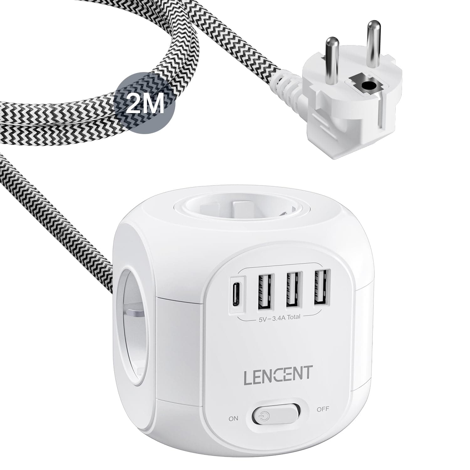 LENCENT Cubo Regleta Enchufes 2M con 4 Tomas de CA, 3 USB y 1 Tipo C, Alargadera Electrica Protección contra Sobretensiones para Familia, Cocina y Oficina White