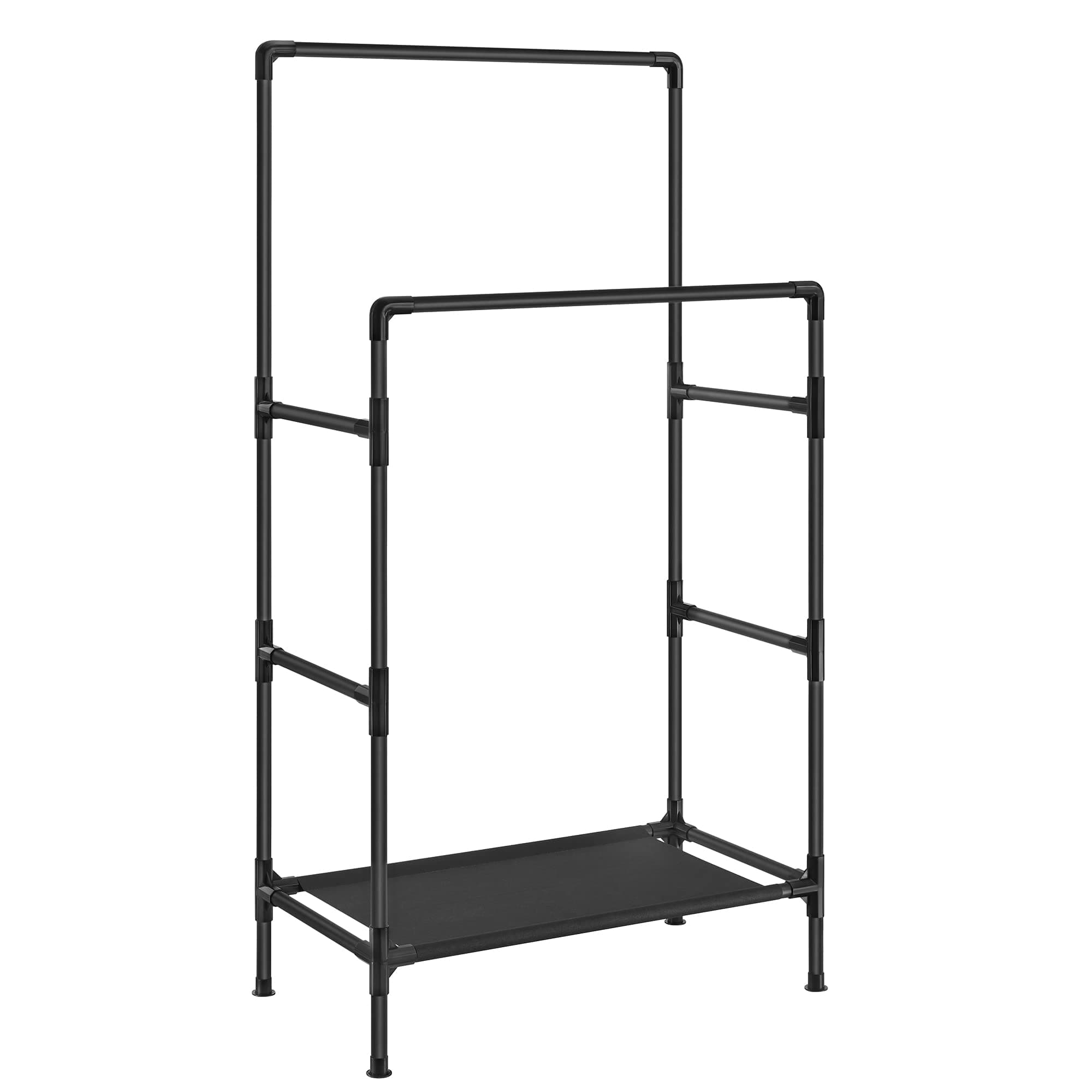 SONGMICS Kleiderständer, Garderobenständer aus Metall, mit 2 Kleiderstangen, 1 Ablage, bis 55 kg belastbar, einfache Montage, schwarz RDR001B02