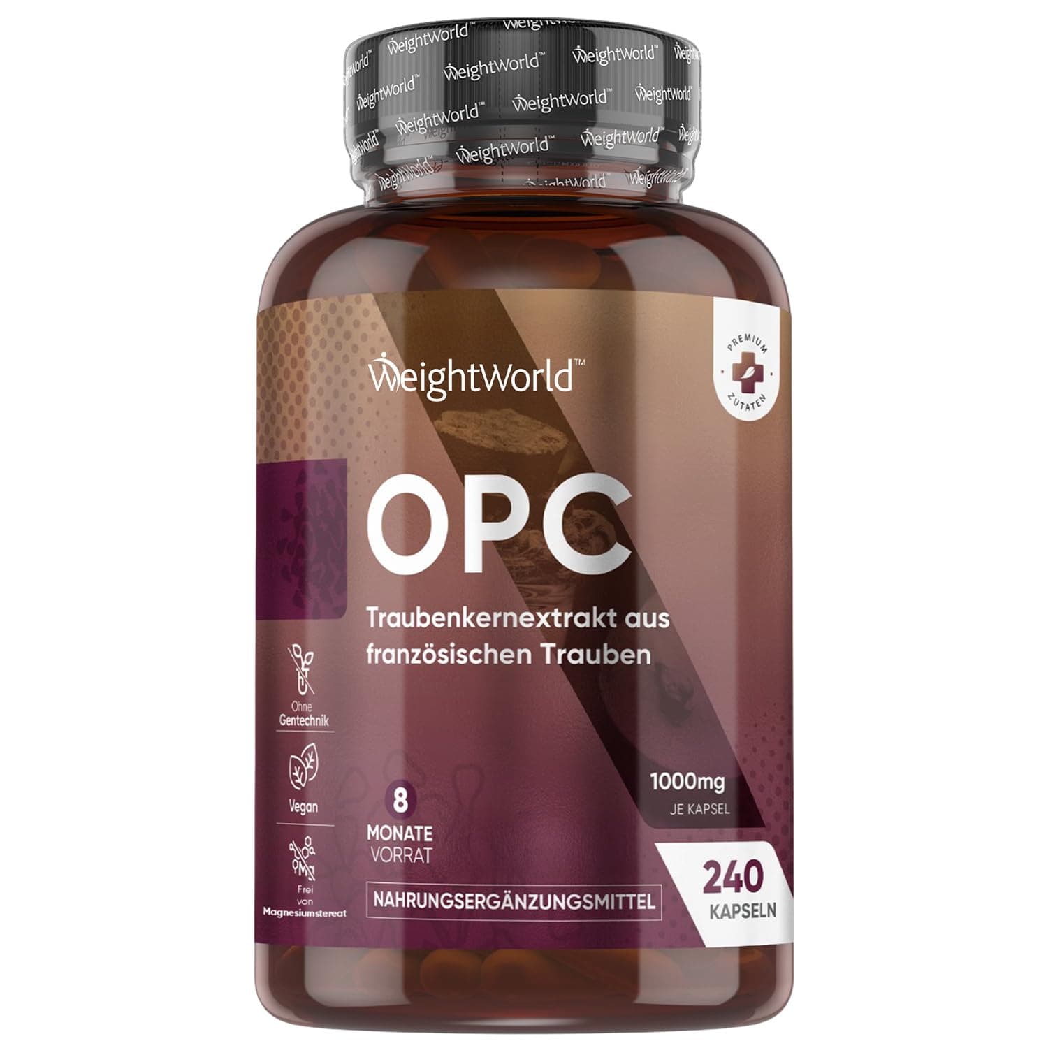 OPC Kapseln - 95% OPC Traubenkernextrakt - 250mg (4:1) entspricht 1000mg Extrakt pro Portion - 8 Monate Vorrat - 240 Kapseln - Aus Französischen Weintrauben - Täglich 1 Kapsel - Vegan - WeightWorld