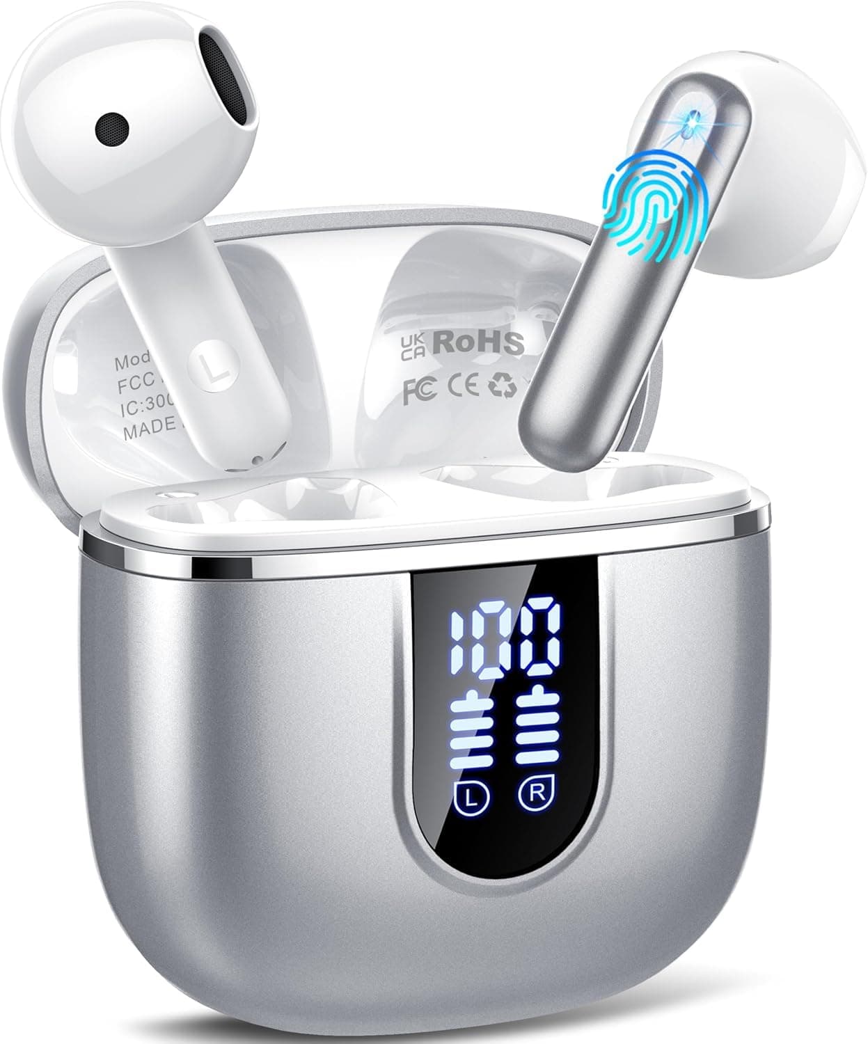 Ecouteurs Bluetooth sans Fil, Écouteurs Bluetooth 5.4 avec 4 ENC Réduction Antibruit Mic, 40H Casque sans Fil Stéréo 3D HiFi, USB C, Contrôle Tactile, IPX7 Étanche Oreillette pour iOS Android, Argent