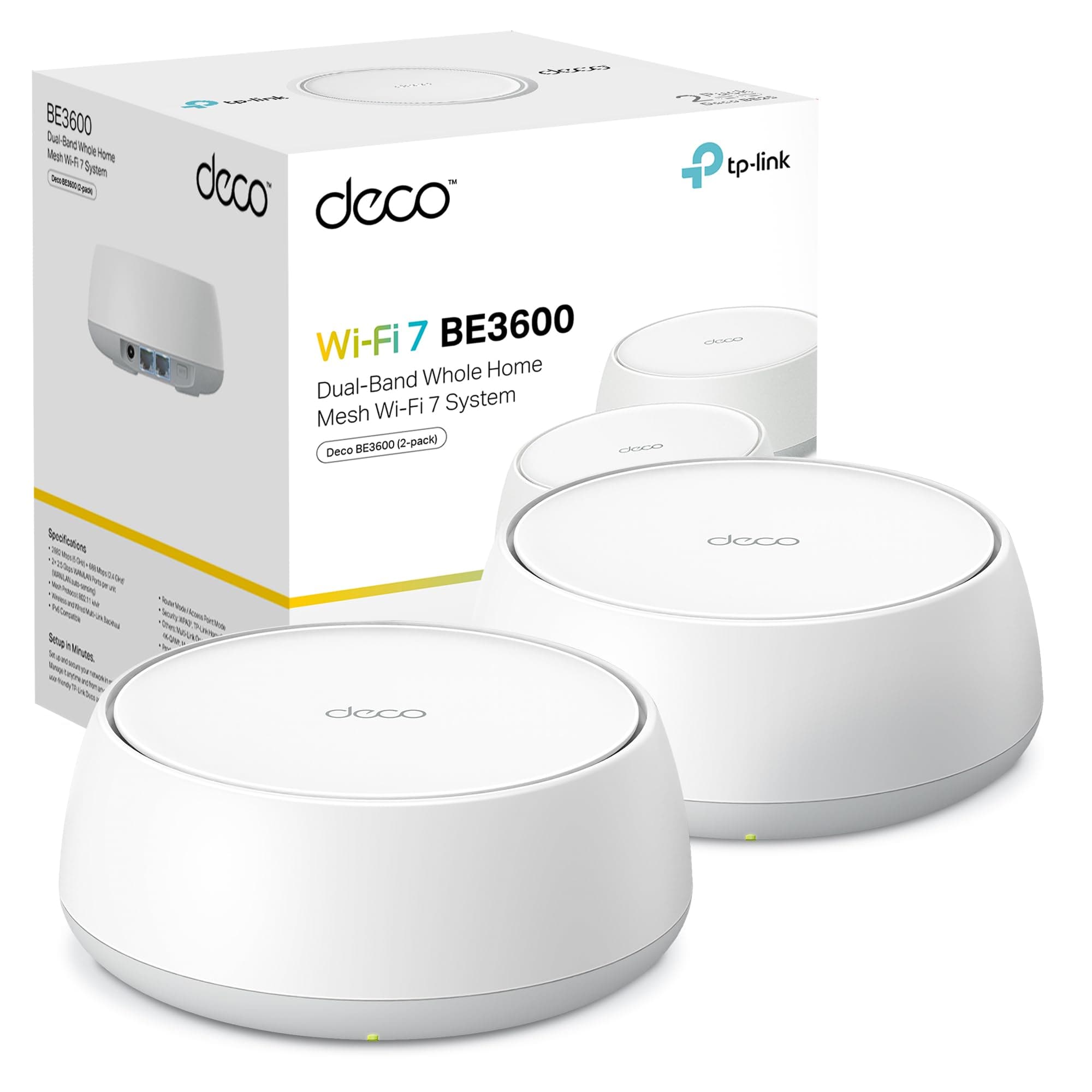TP-Link Deco BE3600 (2-Pack) – Wi‑Fi 7 Mesh Doble Banda hasta 3,6 GB/s, backhaul Combinado inalámbrico y por Cable, MLO, 2 Puertos Gigabit por Unidad, Seguridad HomeShield