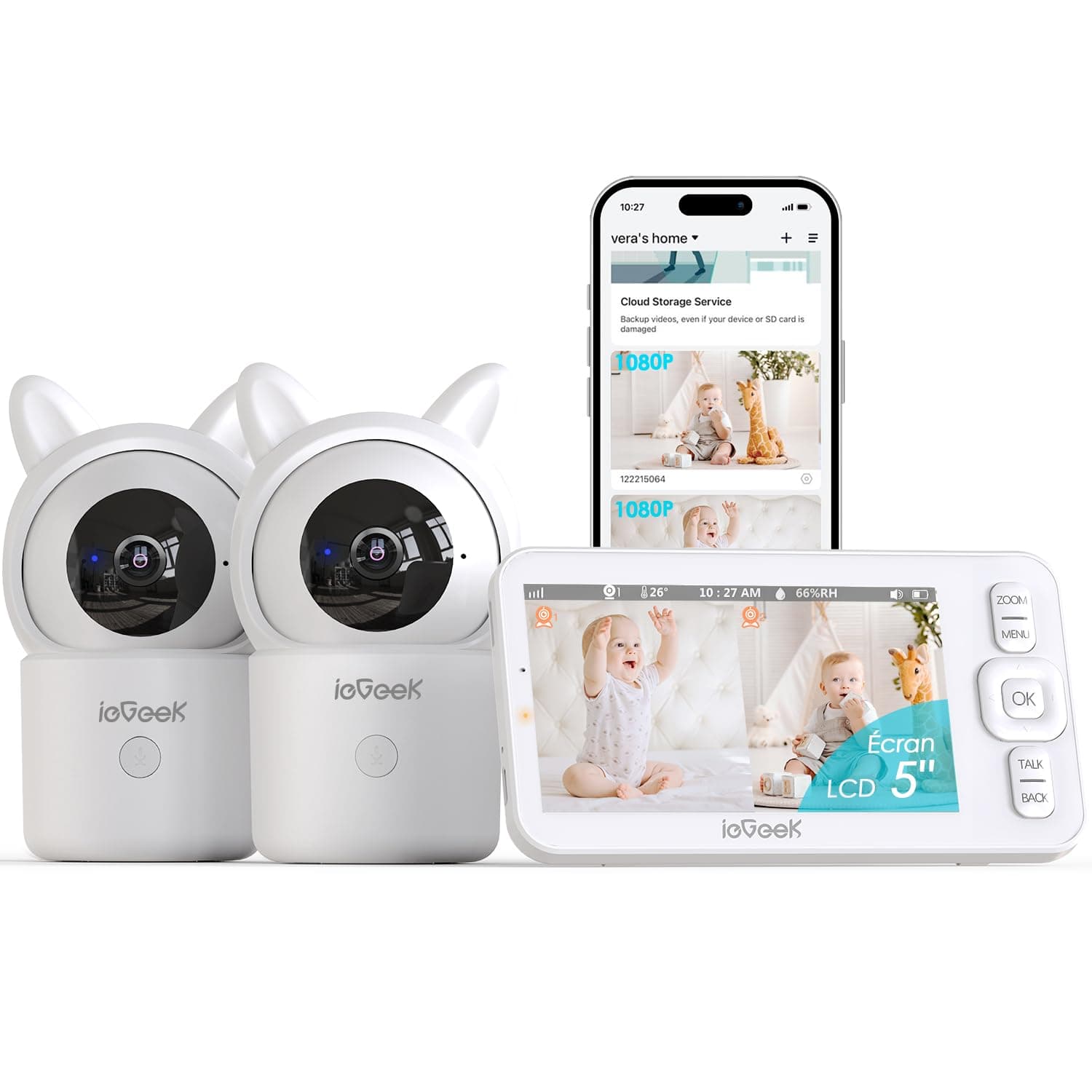 ieGeek 1080P/ 5" Babyphone 2 Caméras,PTZ 355° Baby Phone Vidéo connecté Smartphone, Visiophone avec Alertes Intelligentes/Vision Nocturne/Suivi Automatique (Baby 7 avec 2 Cameras)