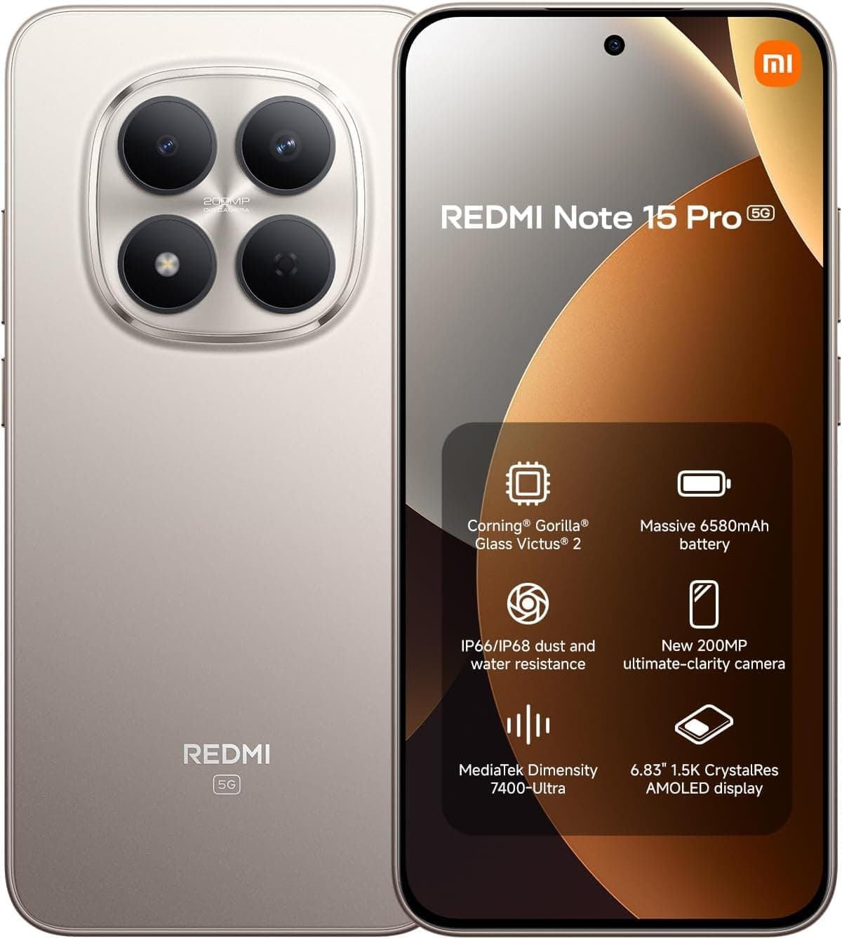 XIAOMI REDMI Note 15 Pro 5G - Smartphone de 8+256GB, Pantalla de 6,83" 1.5K AMOLED, MediaTek Dimensity 7400-Ultra, cámara de 200MP, batería de 6580 mAh, Titanio Color