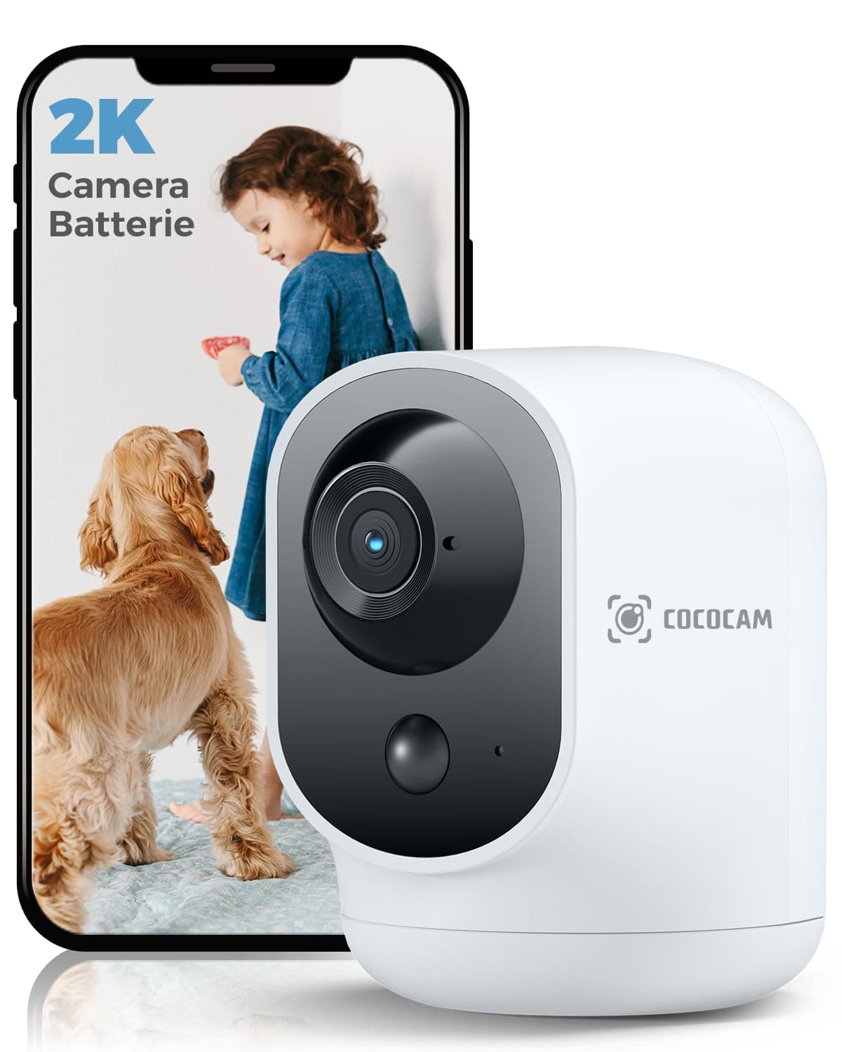 COCOCAM 2K Camera Surveillance WiFi Interieur sans Fil Pan/Tilt à Batterie 5200mAh, pour de Bébé/Animaux/Sécurité Domestique, Reconnaissance IA, Détection Humaine PIR, Wi-FI 2,4G (1, Blanc)