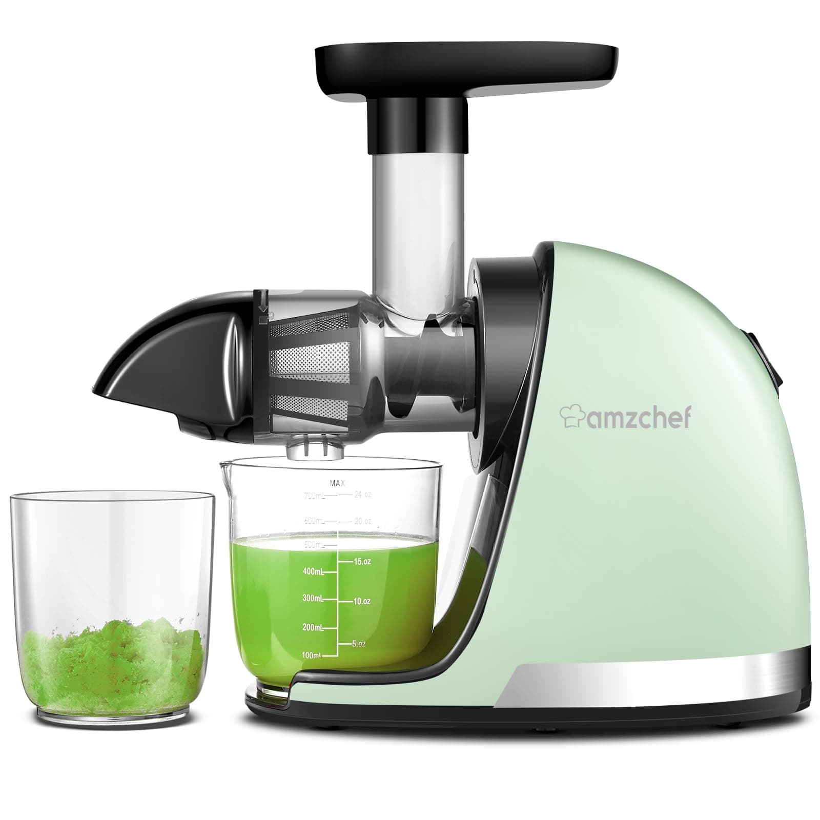 AMZCHEF Extractor de zumos y verduras - Licuadora prensado en frío - Cold press slow juicer machine con función de masticación inversa - Licuadoras para zumos con 2 depósitos y cepillo - Verde