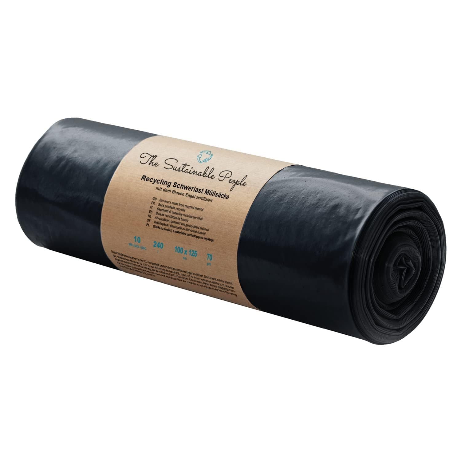 Sacs poubelle TSP 240L - fabriqués à partir de matériaux 90% recyclés (PE) - certifiés Ange Bleu -rouleau de 10- fort (70µm) -1000x1250mm- idéal pour la rénovation et les déchets commerciaux