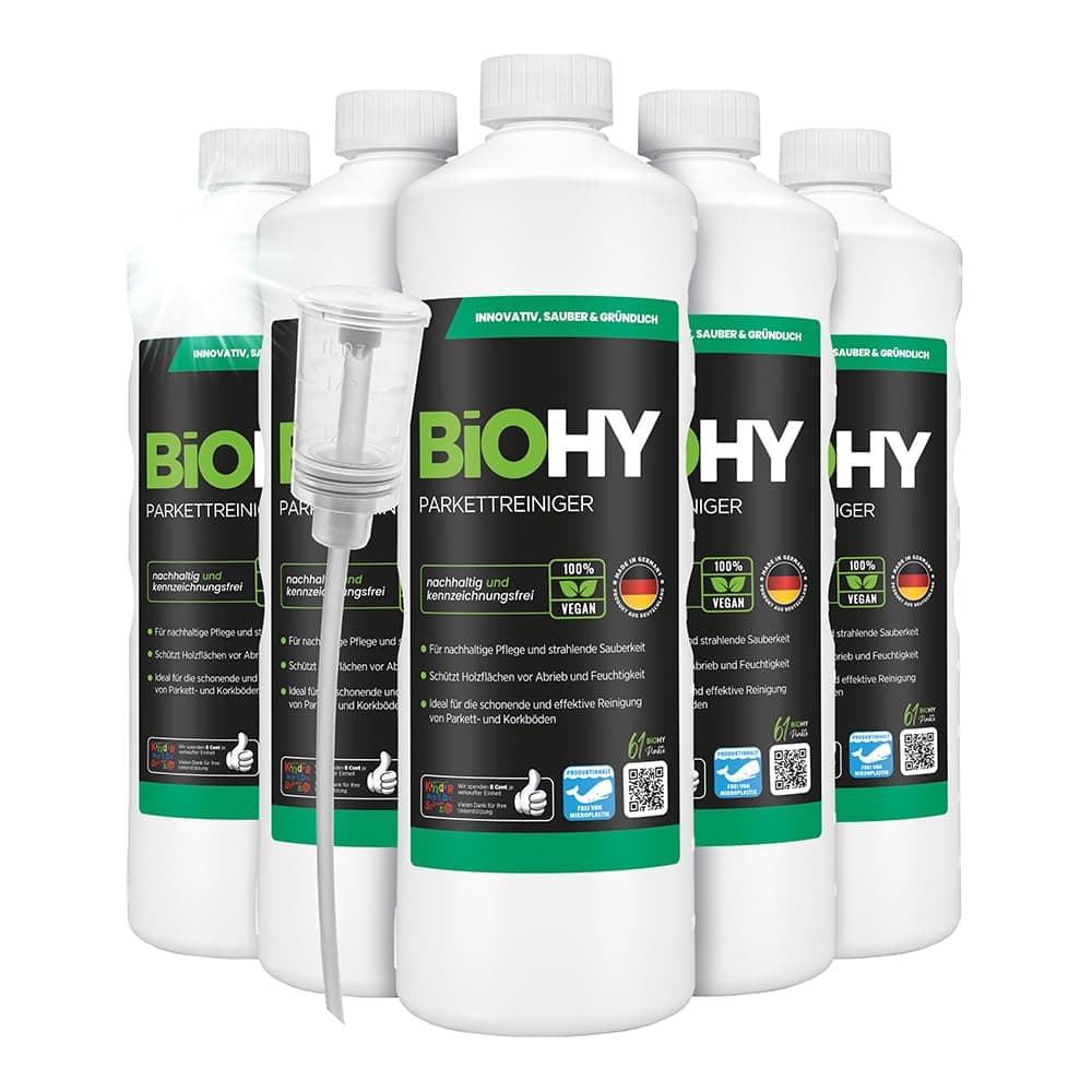 BiOHY Detergente per parquet (6 bottiglie da 1l) + Distributore | Ideale per parquet sigillato | Delicato sul materiale | Evitare l’umidità stagnante (Parkettreiniger)