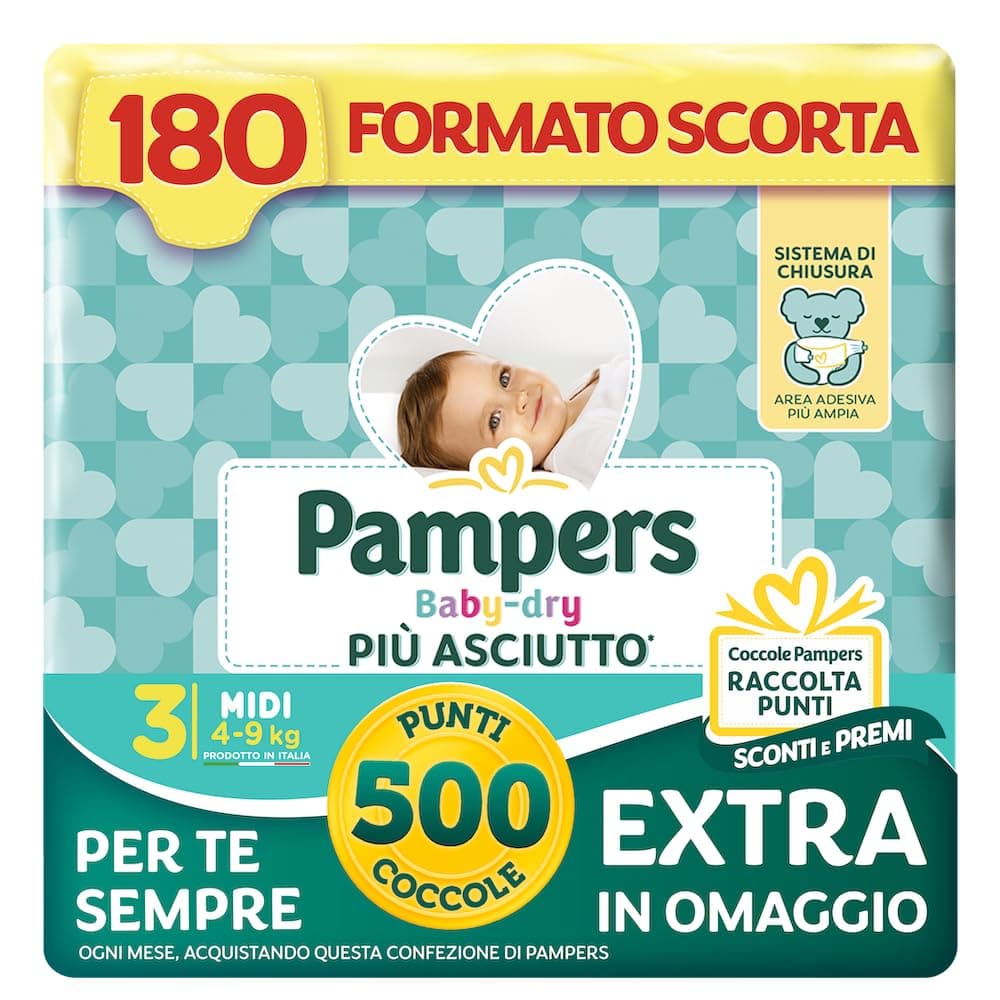 Pampers Baby Dry Midi, Taglia 3 (4-9 kg), Formato Scorta, Barriere Anti-Fuoriuscite, Più Asciutto Fino a 12h, Linguette Rinforzate e Avvolgenti, 180 Pannolini Neonato + 500 Punti Omaggio
