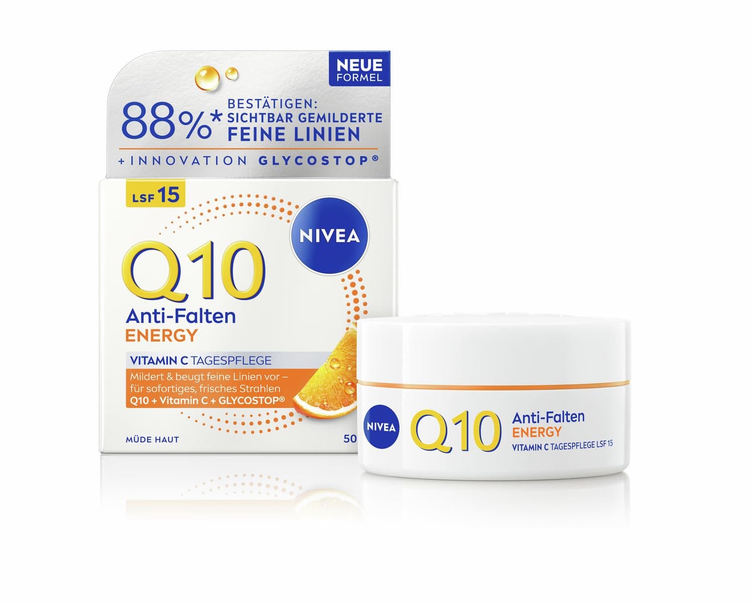 NIVEA Q10 Anti-Falten Tagespflege, Anti-Falten-Tagescreme mit Q10, Vitamin C & Glycostop, Gesichtspflege mit LSF 15 für müde Haut, ENERGY Vitamin C (50 ml)