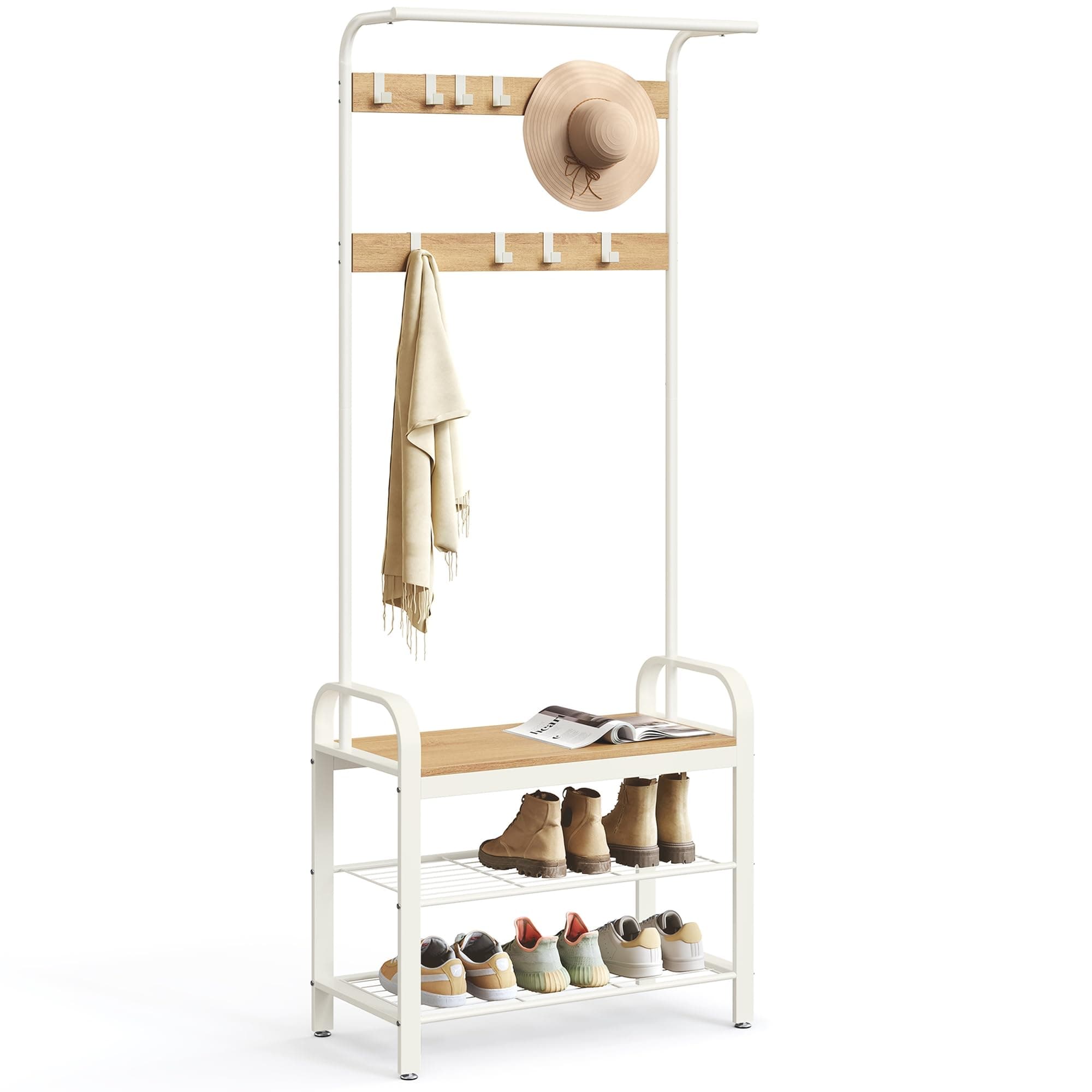 VASAGLE Garderobenständer, Garderobe, mit Schuhbank, 4-in-1 Design, 9 abnehmbare Haken, Kleiderstange, Eingangsbereich, Flur, 33,7 x 72 x 183 cm, modern, eichenfarben-weiß HSR40W