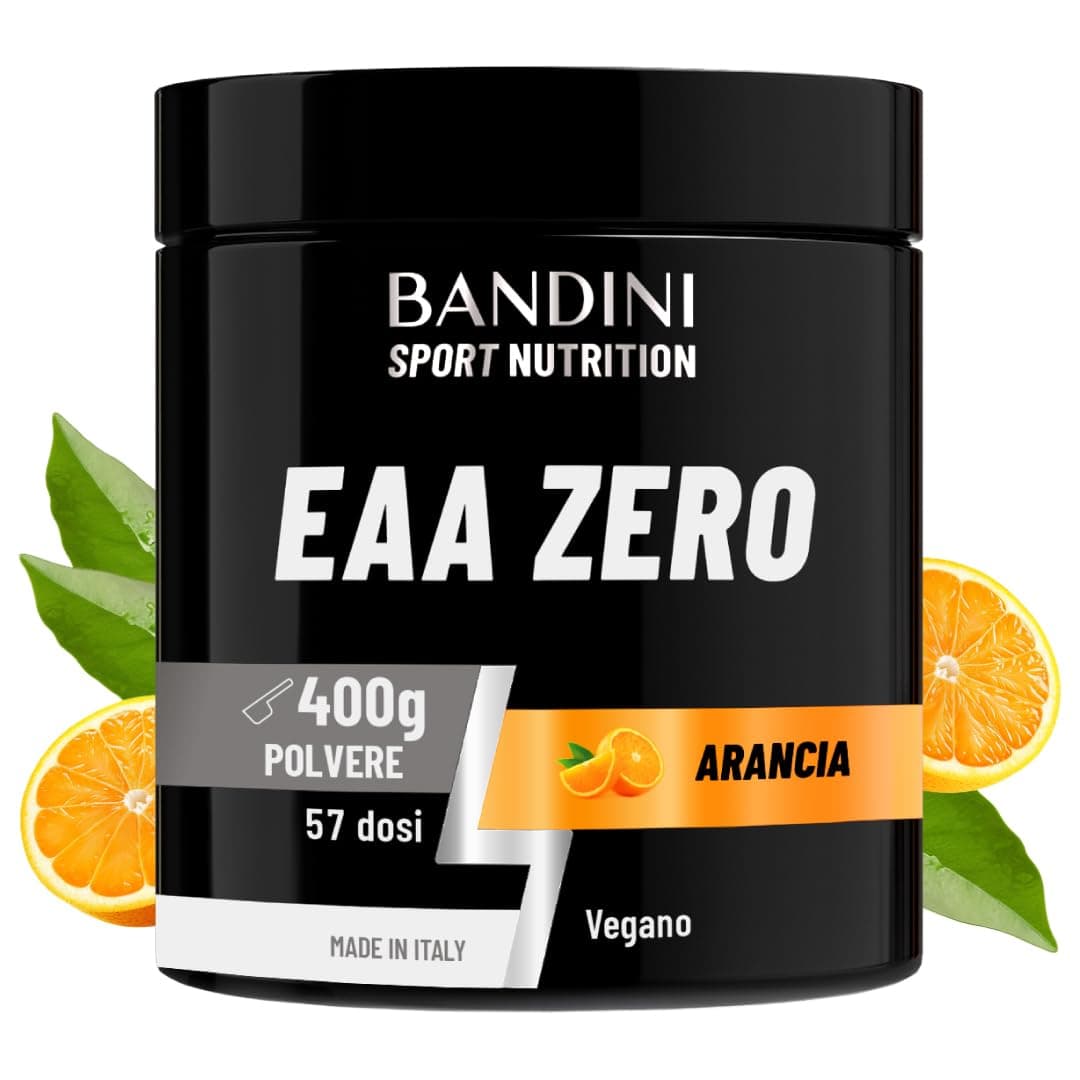 Bandini® EAA Essential AMINO in polvere - 400 g powder - Con 9 Amminoacidi Essenziali Fermentati e Ramificati BCAA 2:1:1 - Recupero Muscolare - Intra Pre Post Workout - 100% Vegan - Gusto Arancia