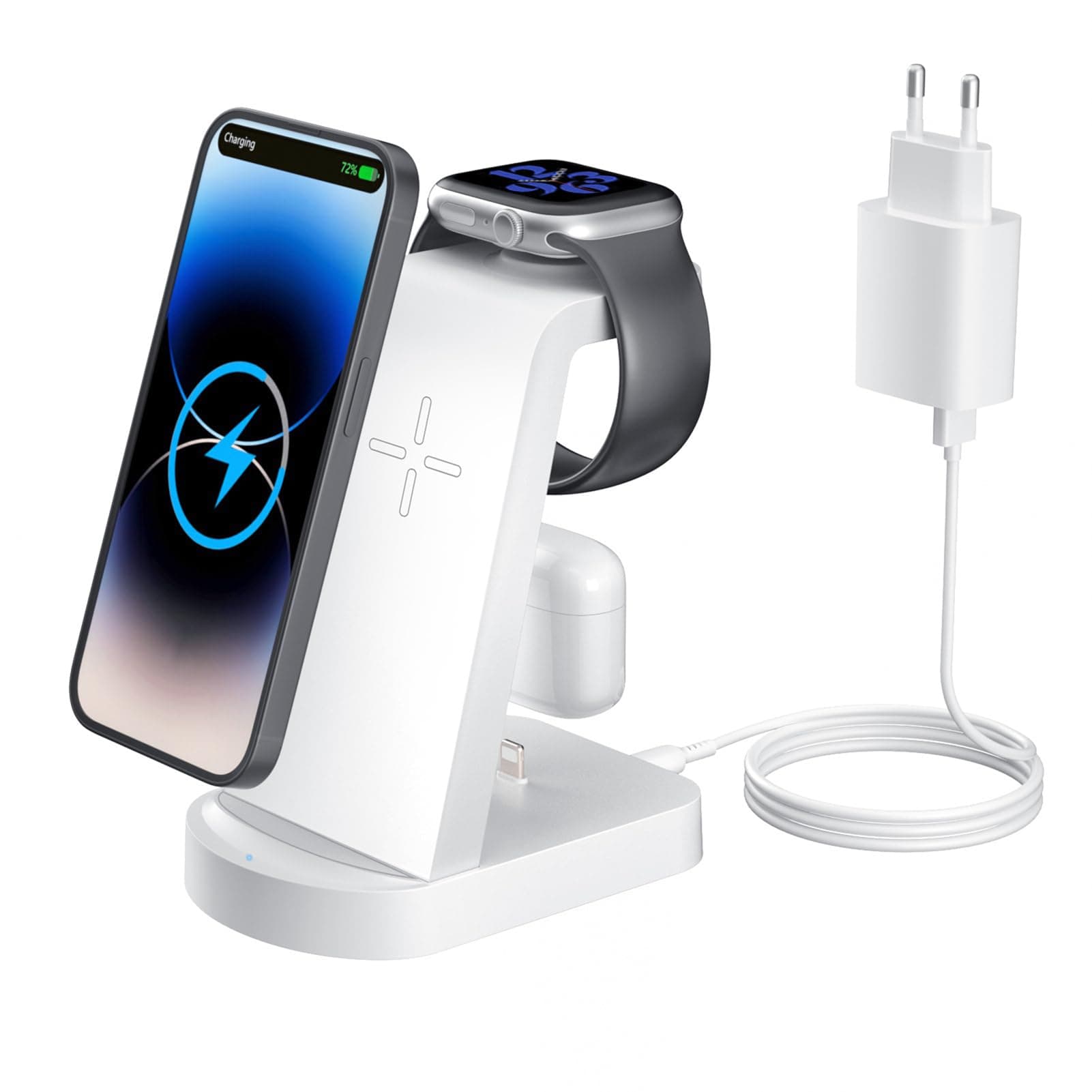 Caricatore Wireless,INNISTO 3 In 1 Caricabatterie Wireless Induttiva,stazione ricarica Compatibile Con iPhone 17/16/15/14/13/12 Pro/Pro Max,Apple Watch Ultra/10/9/8/7/6/5/SE/SE2 AirPods321/Pro1 Bianco