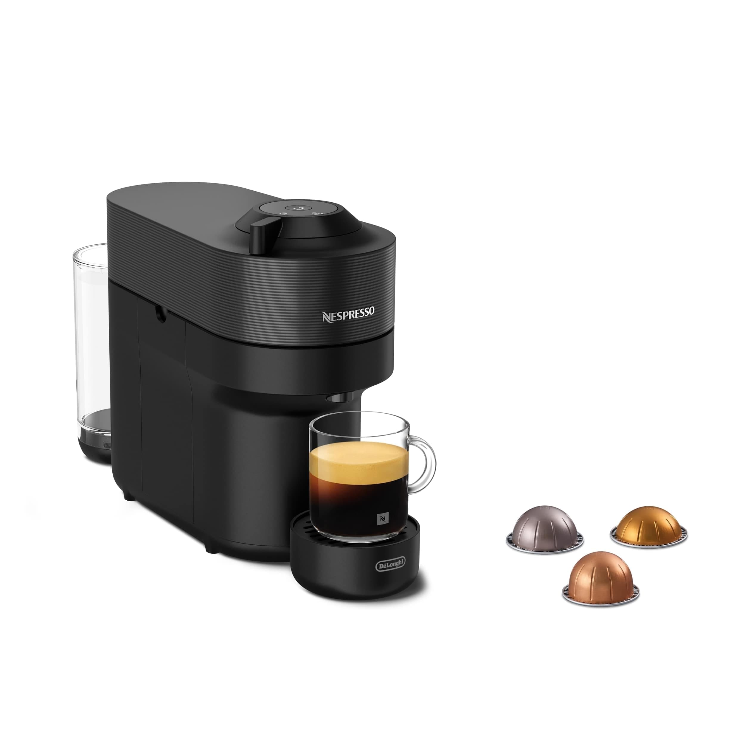 Nespresso De'Longhi Machine à Café Vertuo POP Noir, Capsules café Vertuo seulement, Technologie Centrifusion, 5 Tailles de Tasses + Kit de Bienvenue, Design Compact, Arrêt Automatique, ENV90.B
