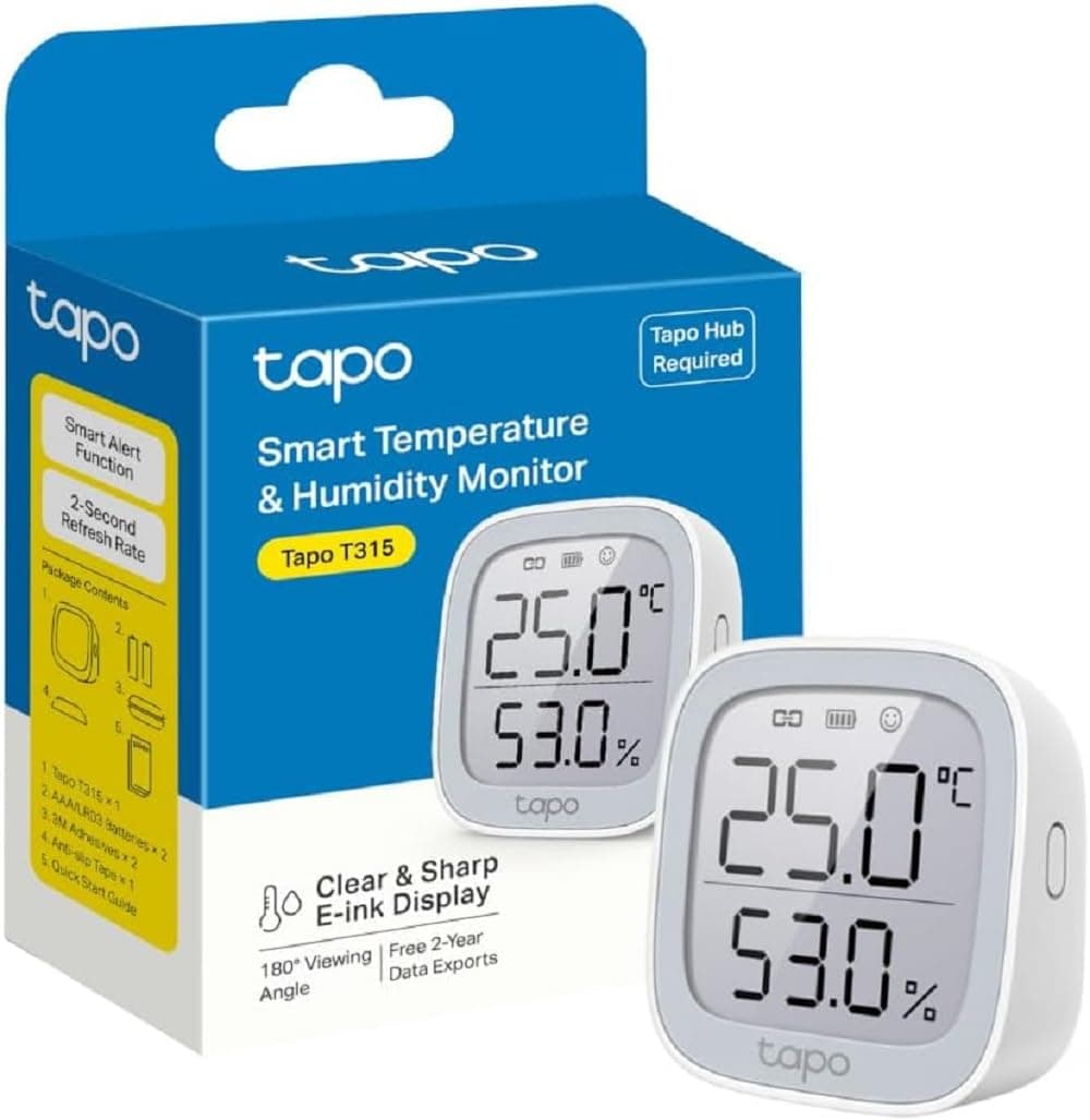 Tapo Thermomètre Intérieur Connecté WiFi, Hygromètre Écran E-Ink 2.7" T315 | Haute lisibilité et précision, alertes instantanées, idéal pour chambre bébé/serre/cave/frigo, automnie 2ans, Tapo Hub requis