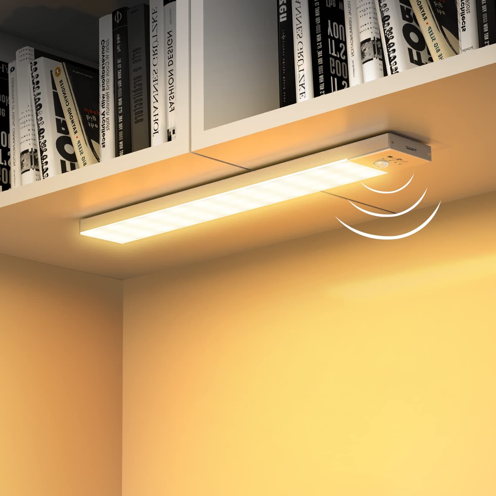 OUILA Luce per armadio con sensore di movimento, 3000 K, ricaricabile tramite USB, 1000 mAh, luce notturna senza fili, 36 LED, per scale, guardaroba, corridoio, cucina, garage, confezione da 2