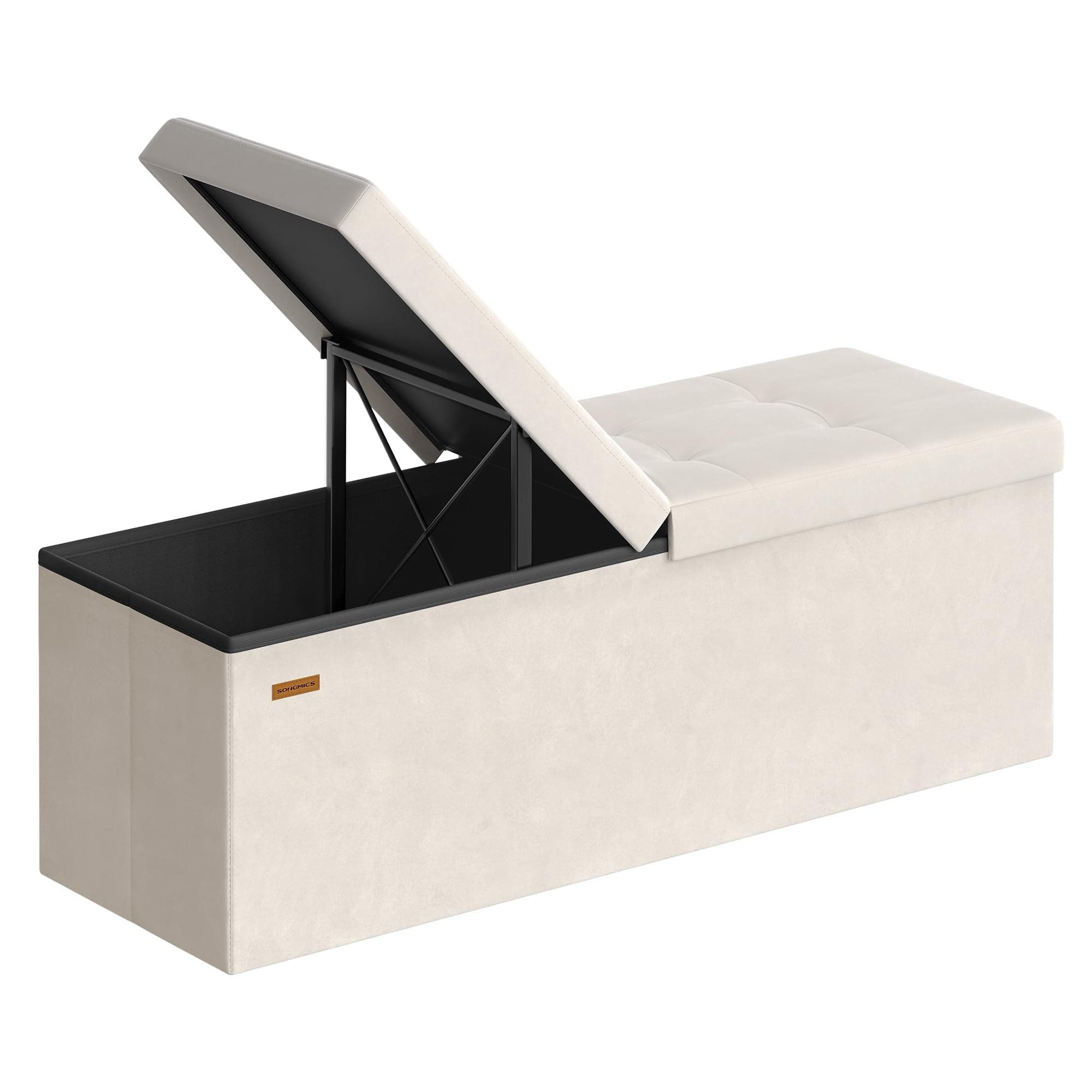 SONGMICS Puff Almancenaje, Banco Almacenaje Plegble, 38 x 110 x 38, Tapa Abatible, Taburete con Reposapiés, Carga 300 kg, Entrada, Salón, Dormitorio, Tela de Terciopelo, Beige Capuchino LSF078LH01