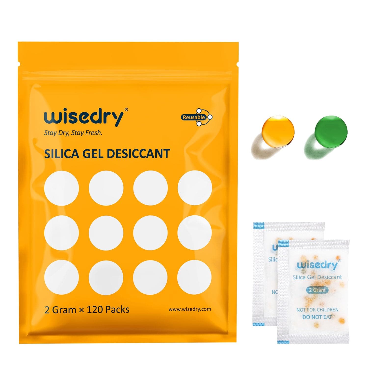 wisedry Piccole bustine di gel di silice essiccante da 2 grammi [120 confezioni] per la conservazione di alimenti, assorbitori di umidità, sacchetti per alimenti, farmaci, gioielli, strumenti per