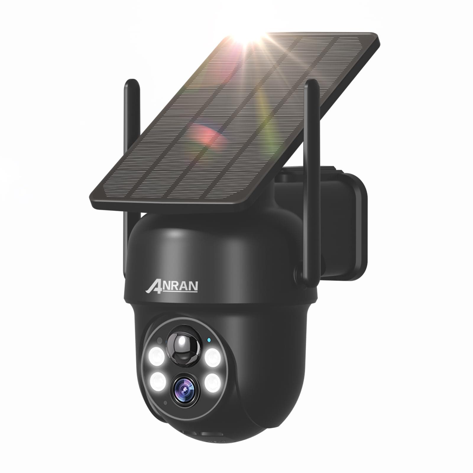 ANRAN 3K 5MP Camara Vigilancia Exterior Solar sin Cables, 2.4GHz WiFi, Panel Solar Integrado y Foco, 360° PTZ, PIR Movimiento Detección, Visión Nocturna Color, Audio de 2 Vias,Q04 Máx Negro