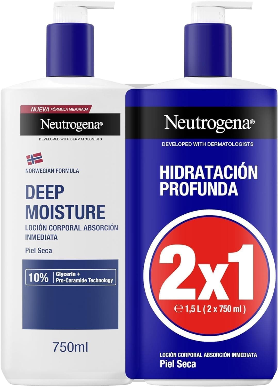Neutrogena Fórmula Noruega Hidratación Profunda Loción Corporal de Absorción Inmediata (2 X 750 ml), crema hidratante corporal para piel seca, crema hidratante con Pro-Ceramida y Glicerina