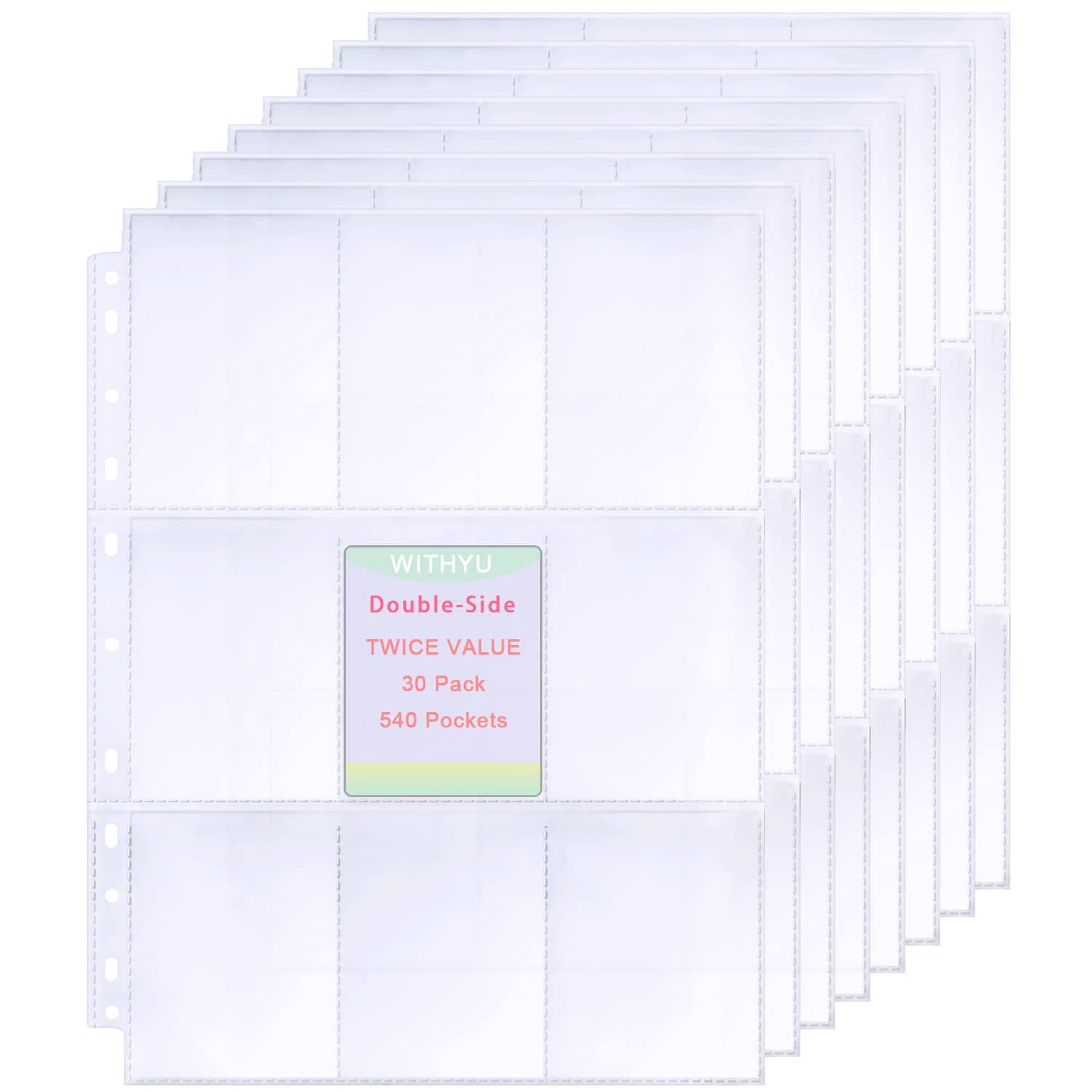 540 Buste per Carte da Collezione, Doppio Lato 9 Sacchetti, Fogli di Carte Ultra Trasparenti 11 Fori per Raccoglitore ad Anelli 2/3/4, Buste per Carte da Gioco, Carte di Calcio
