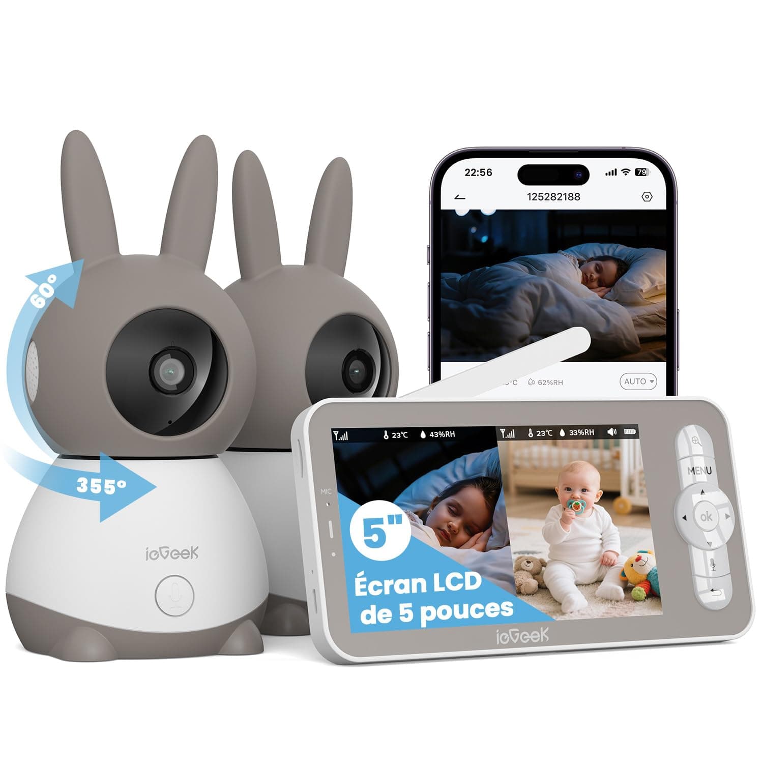 ieGeek Babyphone Vidéo Bébé 5" Écran, 2 Caméras 2K PTZ 360°, APP 2.4GHz & Écran sans WiFi, Détection de Cris & Mouvement, Température Humidité, Vision Nocturne Invisible