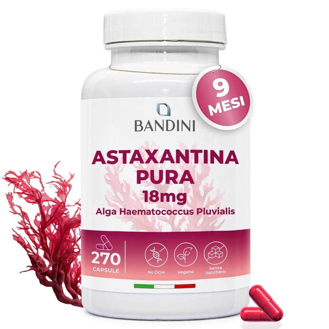 Bandini® Astaxantina pura 18 mg per capsula | 270 capsule - 9 mesi di scorta | Potente antiossidante naturale da alga Haematococcus Pluvialis - Natural Astaxanthine, Senza magnesio stearato, Senza OGM