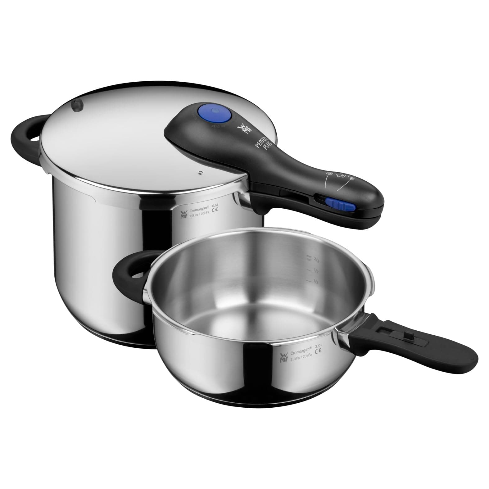 WMF Perfect Plus - Set con Olla Rápida Ø 22 cm de Diámetro de 6 Litros y Medio + Cuerpo 3 Litros, Con Protección Contra Llamas, Acero Inoxidable Cromargan para Inducción