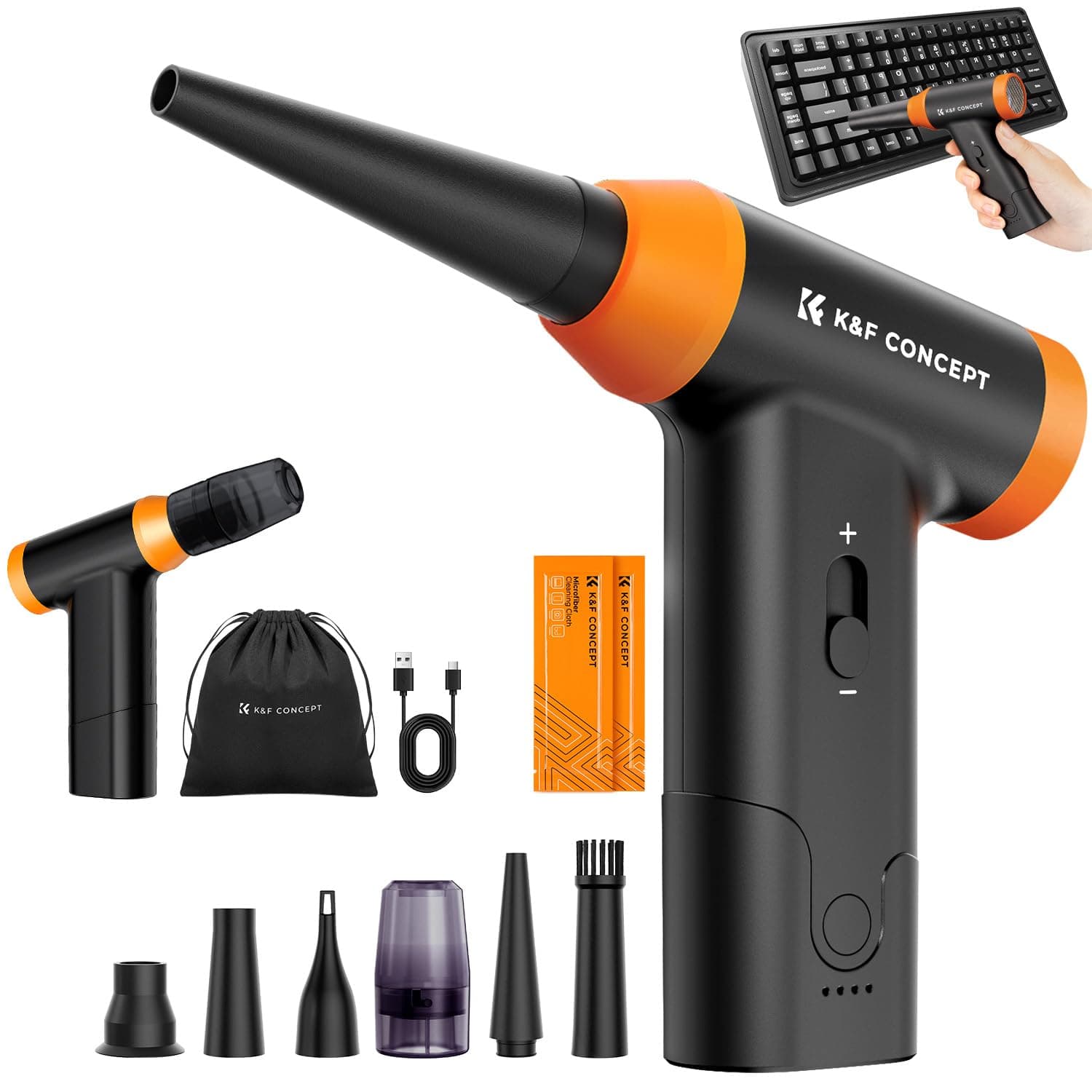 K&F CONCEPT 2 in 1 Elektrische Staubgebläse & Staubsauger - 150000 U/min, mit Unendliche Gangschaltung, 5000mAh Akku，Super Power Druckluft Compressed Air Duster für Tastatur, Kamera, Auto, PC, Außen