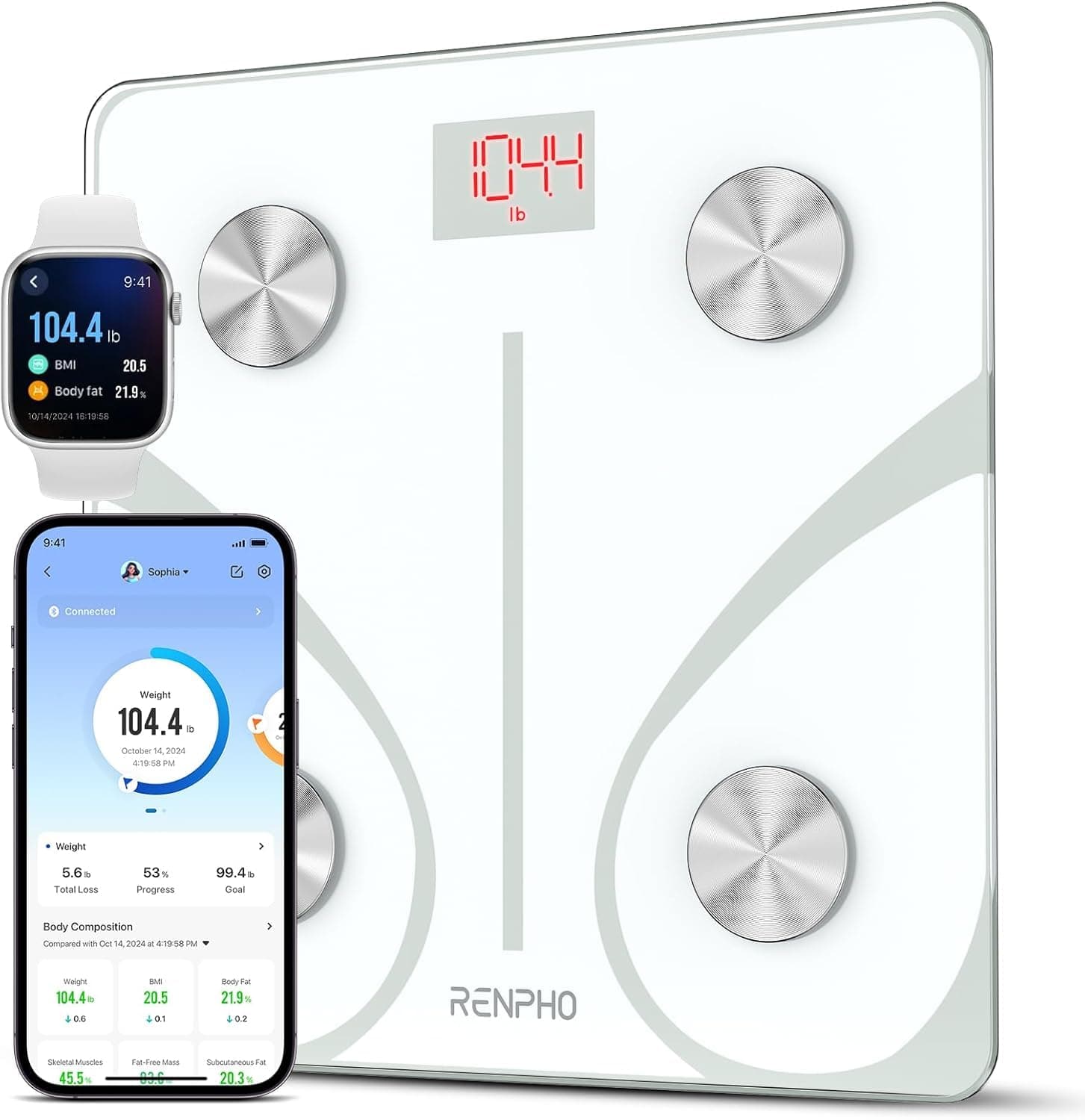 RENPHO Körperfettwaage Bluetooth Digital Personenwaagen Körperanalysewaage mit App Smart Waage für Körperfett, BMI, Muskelmasse, Protein, BMR, Weiß
