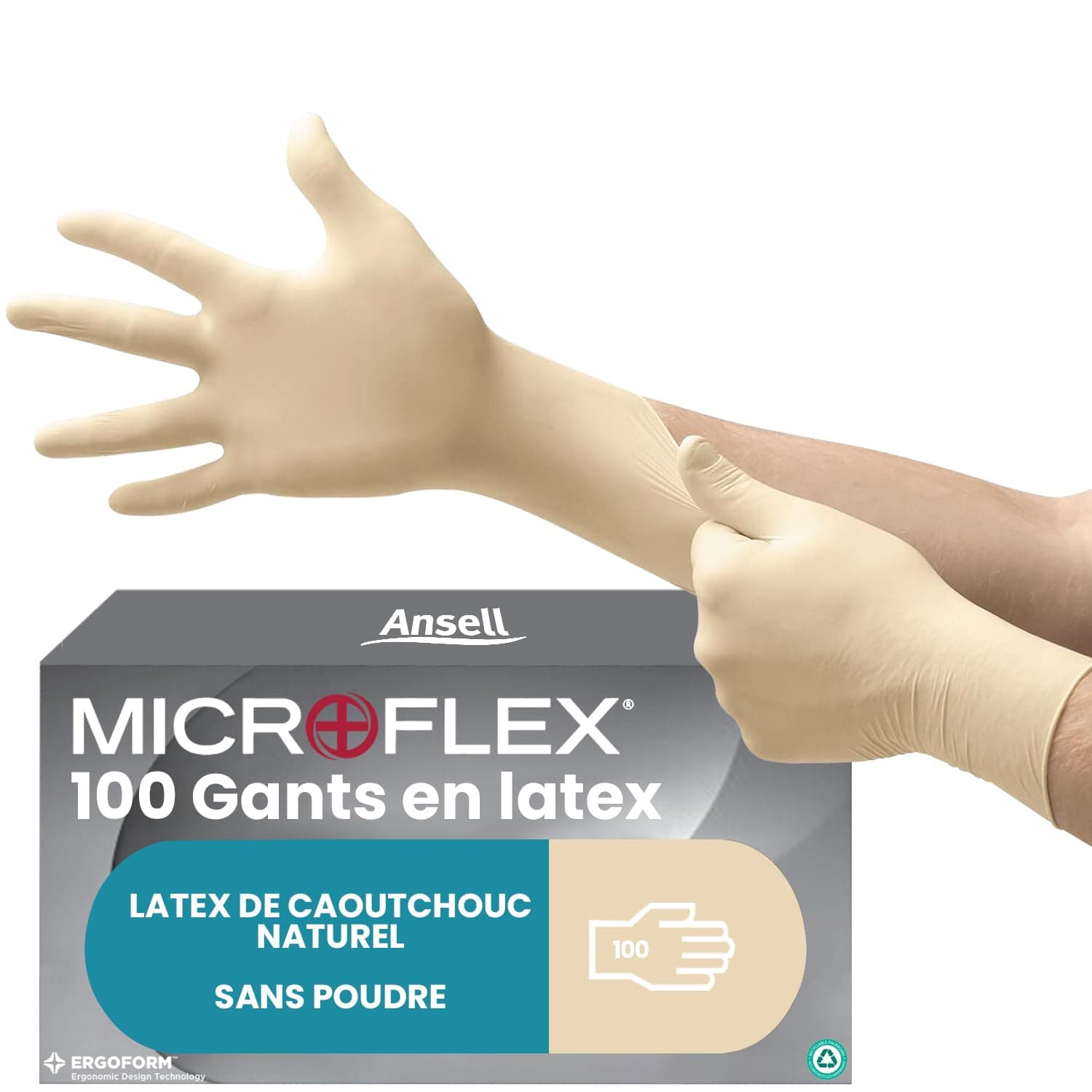 Ansell MicroFlex 63-864, Gants jetables avec bouts des doigts texturés, gants latex L blancs sécurisés pour l'industrie, Gants de travail sans poudre, Gants de protection polyvalents, 100 gants