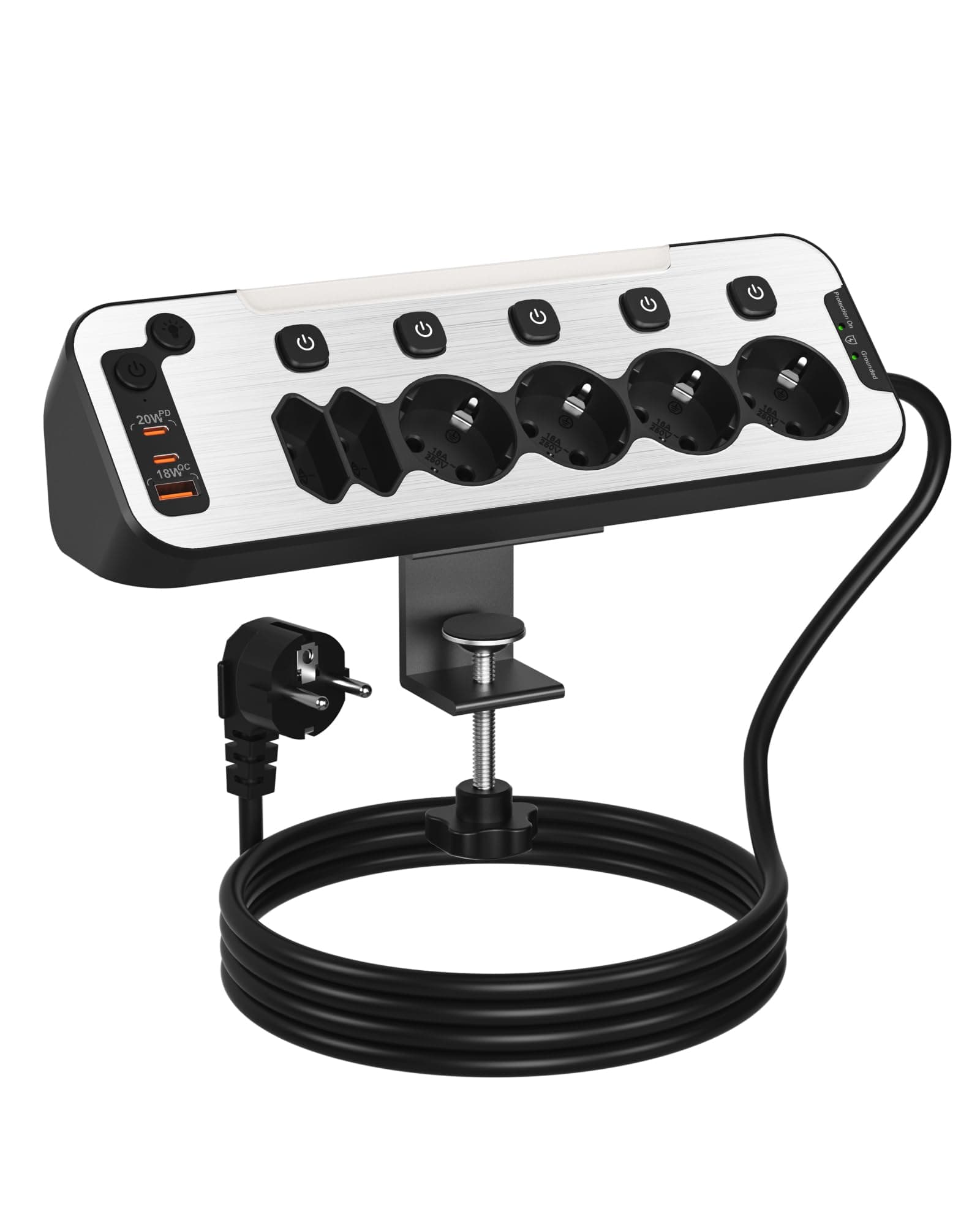 Enchufe de Mesa con USB C, Regletas Enchufes Proteccion Sobretension Carga Rápida PD20W 6 Tomas Ladron Enchufes Multiple con Interruptor Independiente Regleta Escritorio Pared 2M Cable,Negro