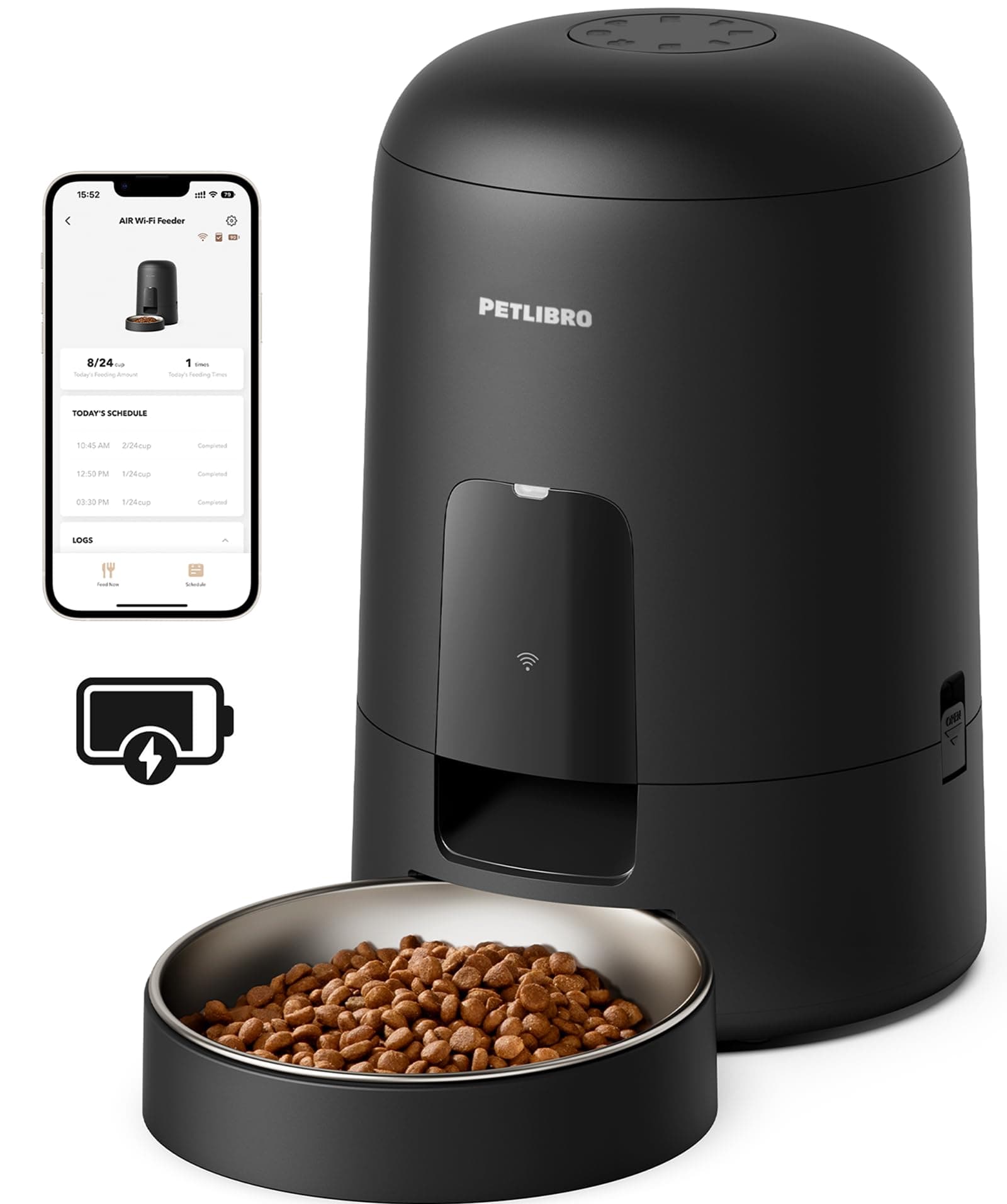 PETLIBRO Distributeur Croquettes Chat Automatique, 2,4G WiFi en Batterie Rechargeable, Vie de 30 Jours, Distributeur Croquettes Chats Aver Contrôle par Application et jusqu'à 10 Repas, 2L (Noir)