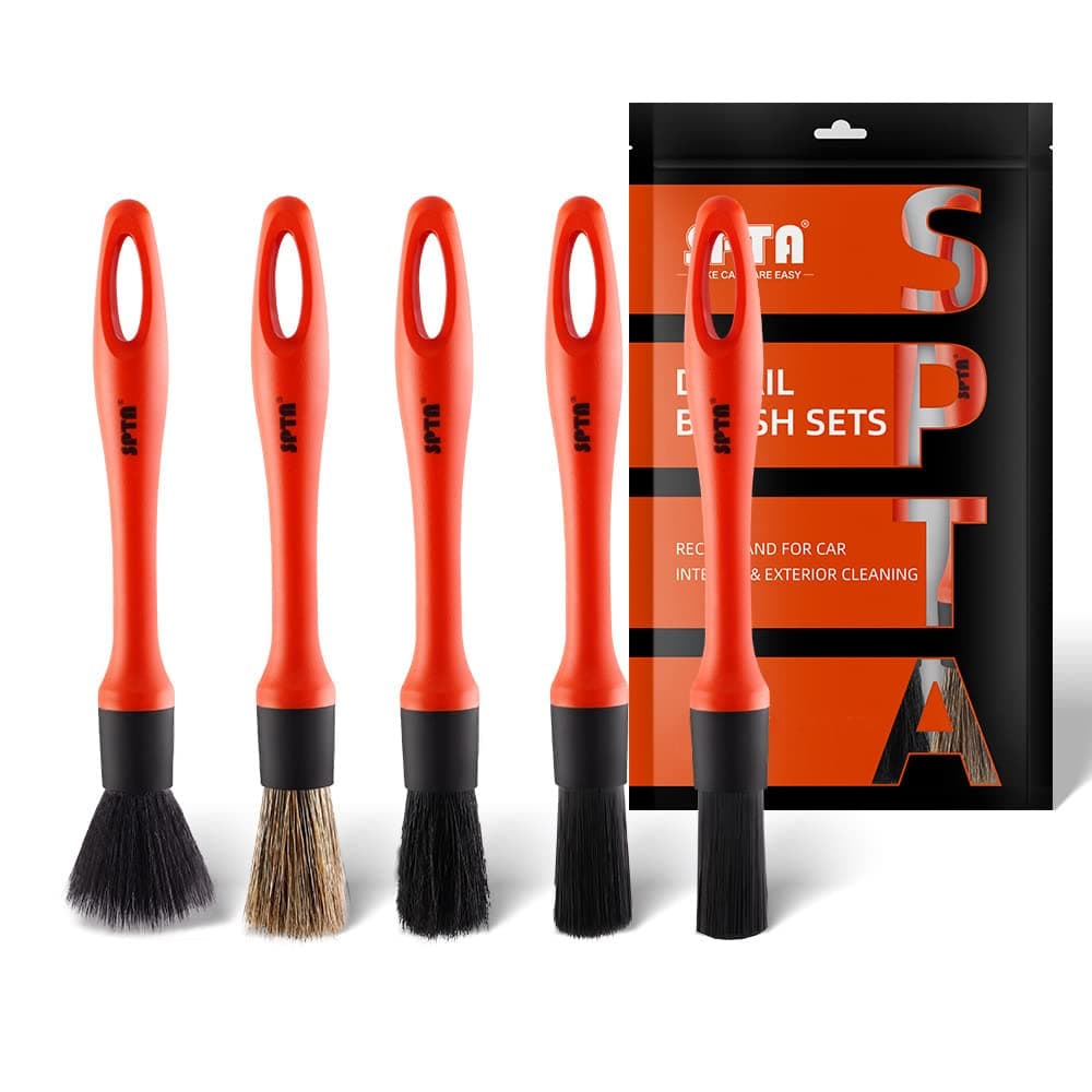 SPTA Detaillierungsbürsten-Set 5 Verschiedene Größen Premium-Naturhaar-Mischfaser-Kunststoffgriff Auto-Detailbürsten zum Reinigen von Rädern, Motor, Innenraum, Lüftungsschlitzen