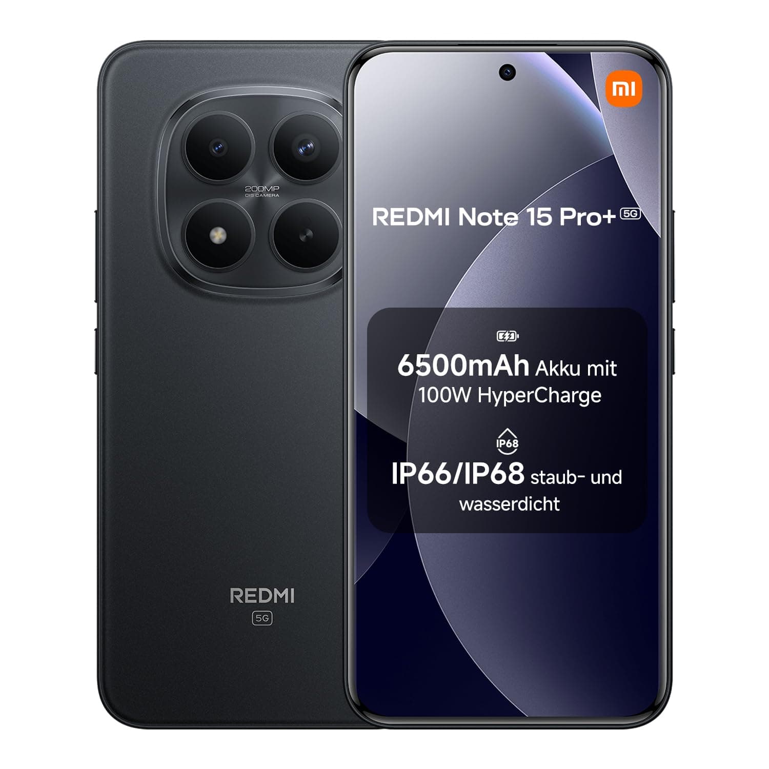XIAOMI Redmi Note 15 Pro+ 5G Smartphone (12+512 GB) – 6500-mAh-Akku, IP66/IP68 Staub- und Wasserschutz, Neue 200-MP-Kamera, 6,83" AMOLED-Display, Schwarz, 2 Jahre Garantie