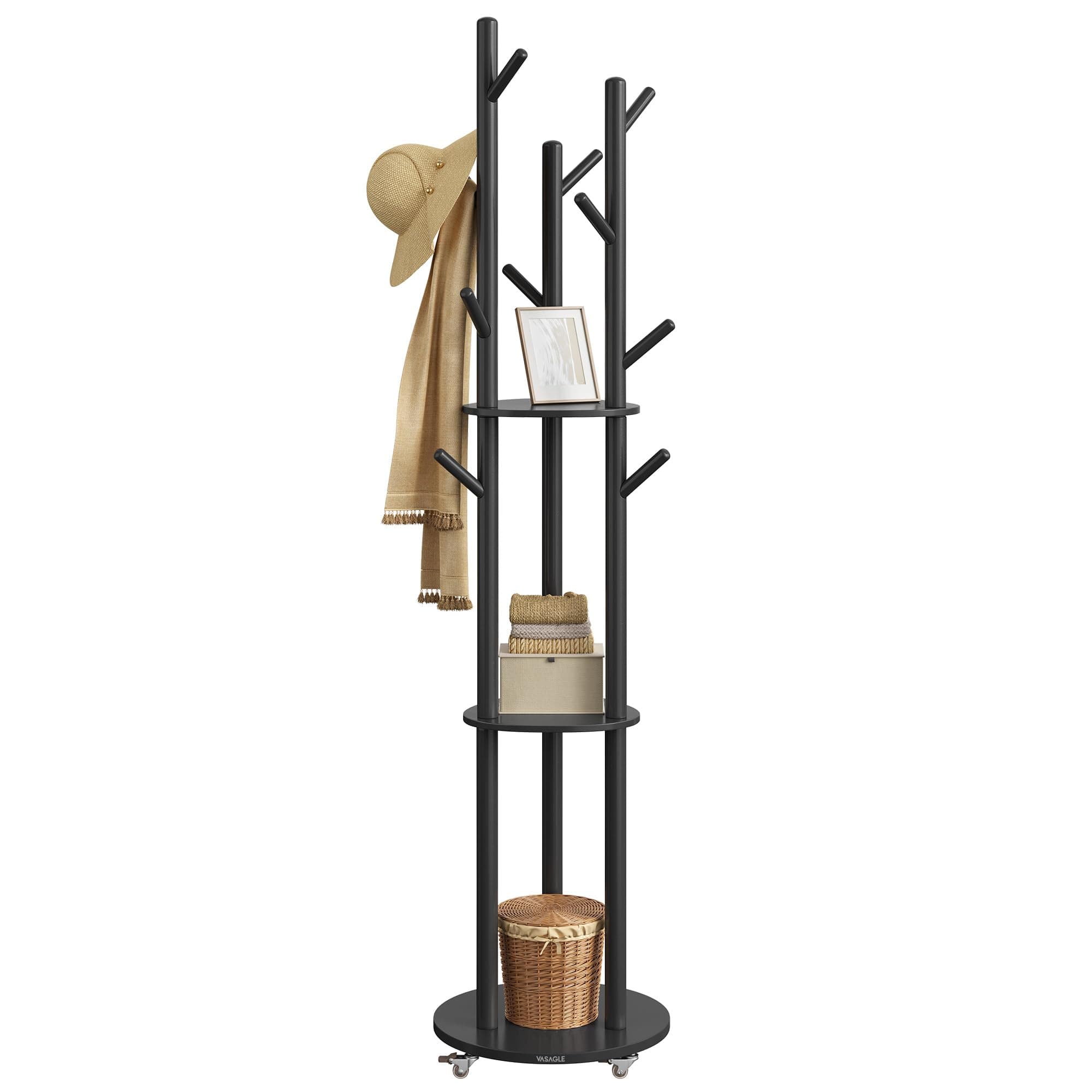 VASAGLE Attaccapanni da Terra, Appendiabiti con 11 Ganci e 3 Ripiani, 4 Ruote Girevoli a 360°e Rimovibili, Ganci e Pali in Legno, per Ingresso Camera da Letto Salotto, Nero Inchiostro RCR023B01